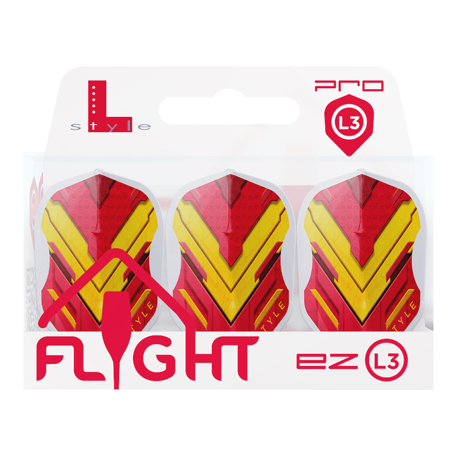Das Bild zeigt eine Packung mit drei Dart-Flights der Marke L-Style in den Farben Rot und Gelb. Auf der Verpackung steht „FLIGHT ez L3“ und oben rechts ist das Pro L3-Logo zu sehen.