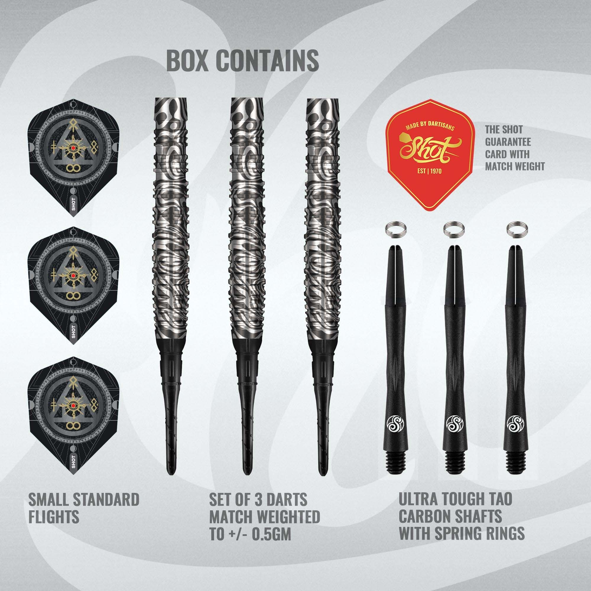Shot Alchemy Runstel Soft Darts - 20g Zu sehen sind die Shot Alchemy Runstel Softdarts mit einem Gewicht von 20g. Sie bieten hohe Präzision und Spielkomfort.