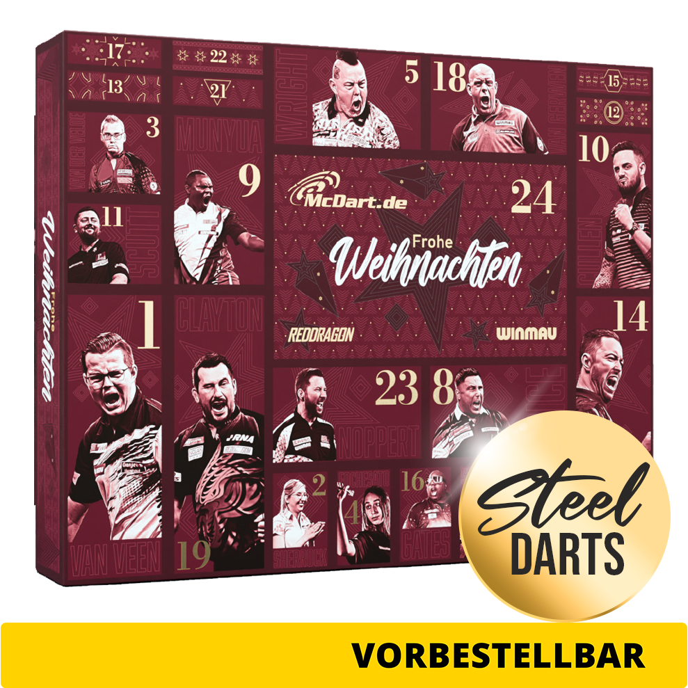 McDart Premium Advent Calendar 2026 for steel dart players Das Bild zeigt den McDart Premium Adventskalender 2026 für Steeldart-Spieler. Ein tolles Geschenk für alle Dart-Begeisterten.