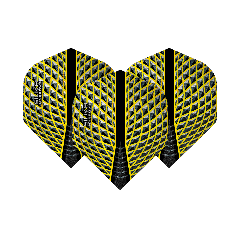 HR88_Harrows_Silika_Yellow_No2_Standard_Flights_1Dyfveyt7nLsr3 Das Bild zeigt die Harrows Silika Yellow No2 Standard Flights. Die Flights haben ein auffälliges gelb-schwarzes Muster mit einem modernen Design.