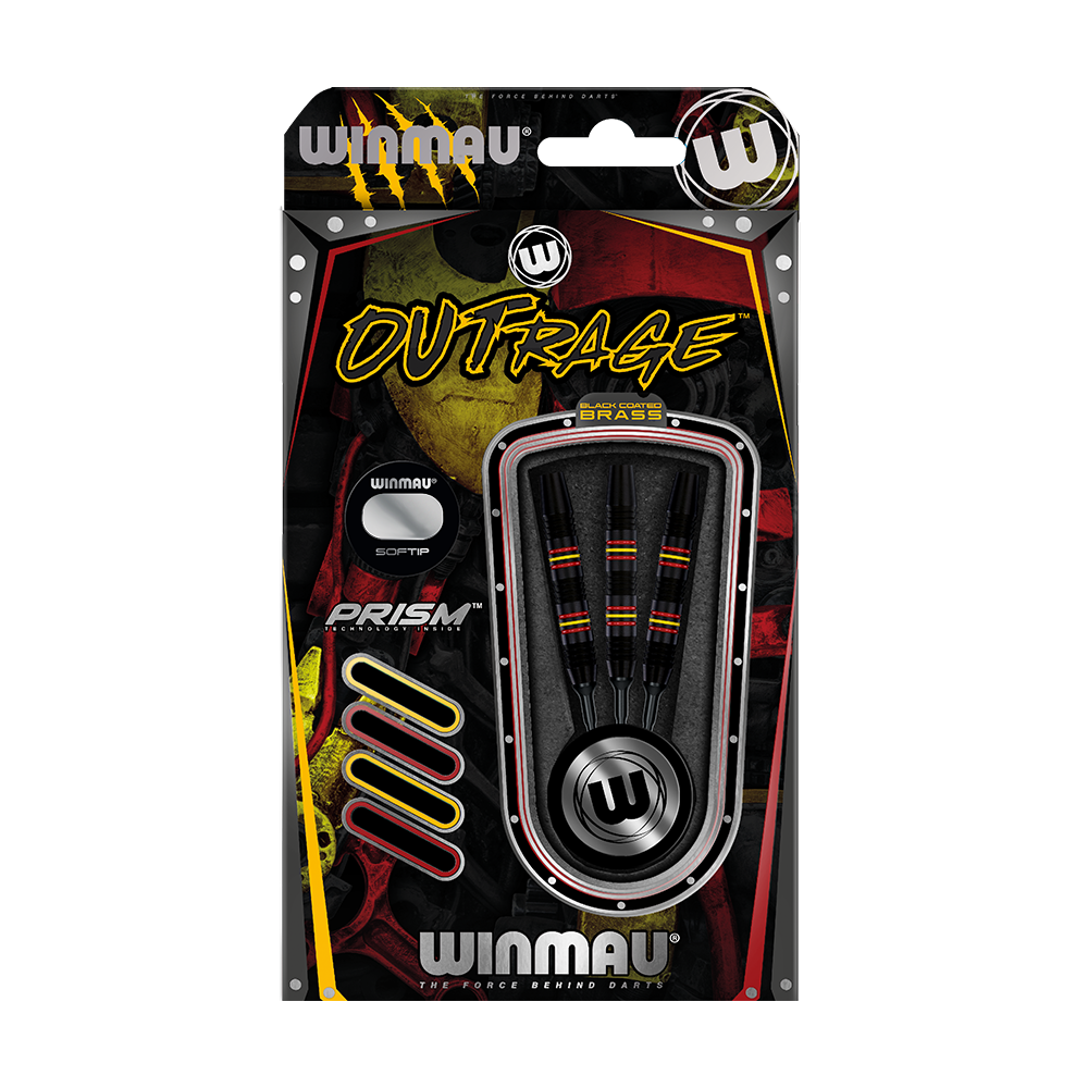 2236_Winmau_Outrage_V2_Black_Coated_Softdarts_3 Die Abbildung zeigt die Winmau Outrage V2 Black Coated Brass Softdarts mit einem Gewicht von 18g in ihrer Verpackung. Die Darts sind schwarz mit farbigen Ringen und werden in einer auffälligen, modernen Verpackung präsentiert.
