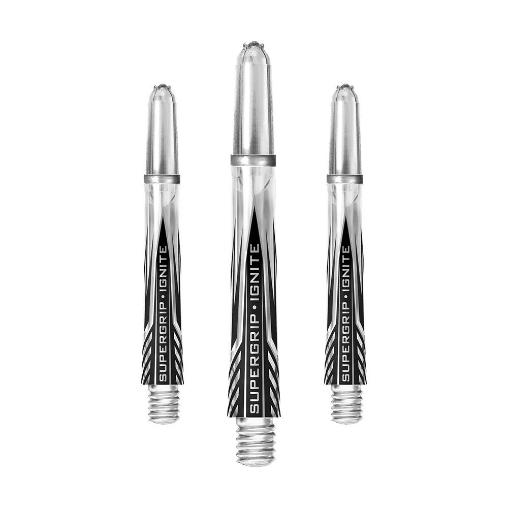 HR393_Harrows_Supergrip_Ignite_Shafts_Clear_40mm_1T9DEKWgsOZjAD Das Bild zeigt drei klare Harrows Supergrip Ignite Shafts für Dartpfeile. Die Shafts sind durchsichtig mit schwarzem und silbernem Aufdruck.