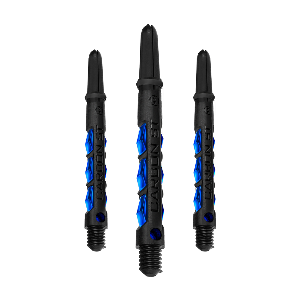 Das Bild zeigt drei schwarze Dartschäfte mit blauen Akzenten. Auf den Schäften steht der Schriftzug "CARBON ST".