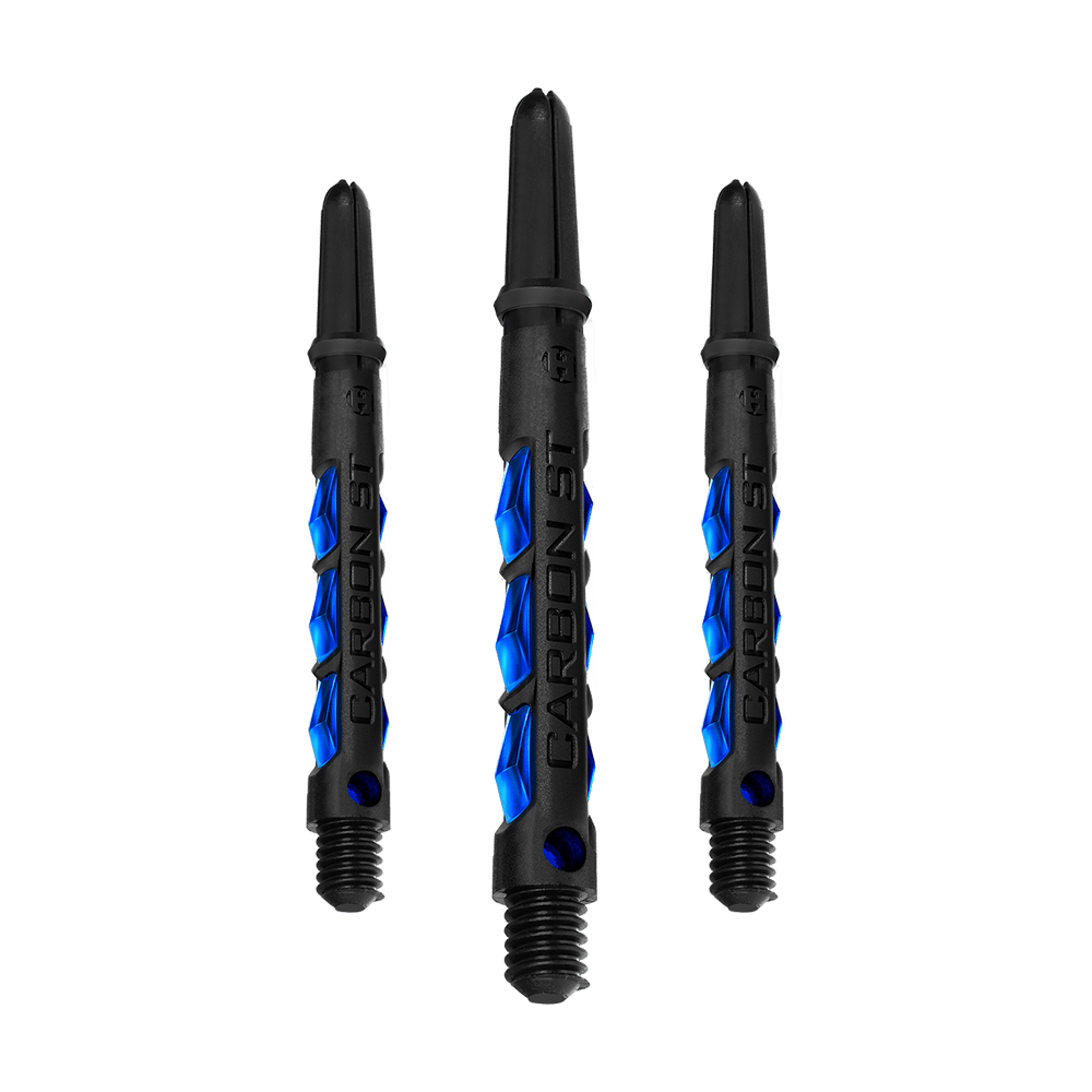 HR415_Harrows_Carbon_ST_Shafts_Blau_47mm_1jn9x92RR29MTi Das Bild zeigt drei schwarze Dartschäfte mit blauen Akzenten. Auf den Schäften steht der Schriftzug "CARBON ST".