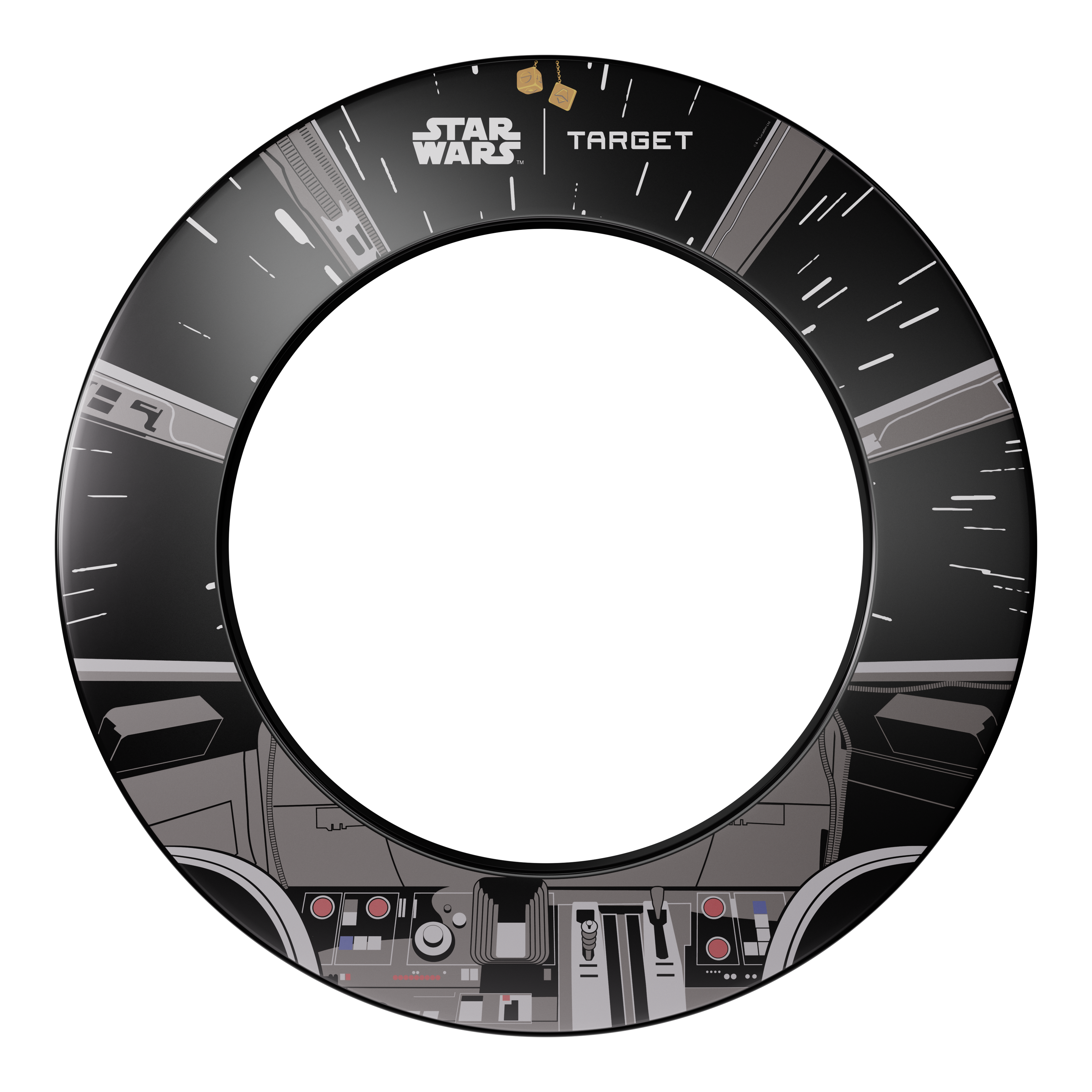 Target Star Wars Millennium Falcon TOR Dartboard Surround Bundle Dieses Bild stellt das Target Star Wars Millennium Falcon Surround Board Bundle dar. Das Design kombiniert klassische Dartscheiben mit Details des Millennium Falcon aus Star Wars.