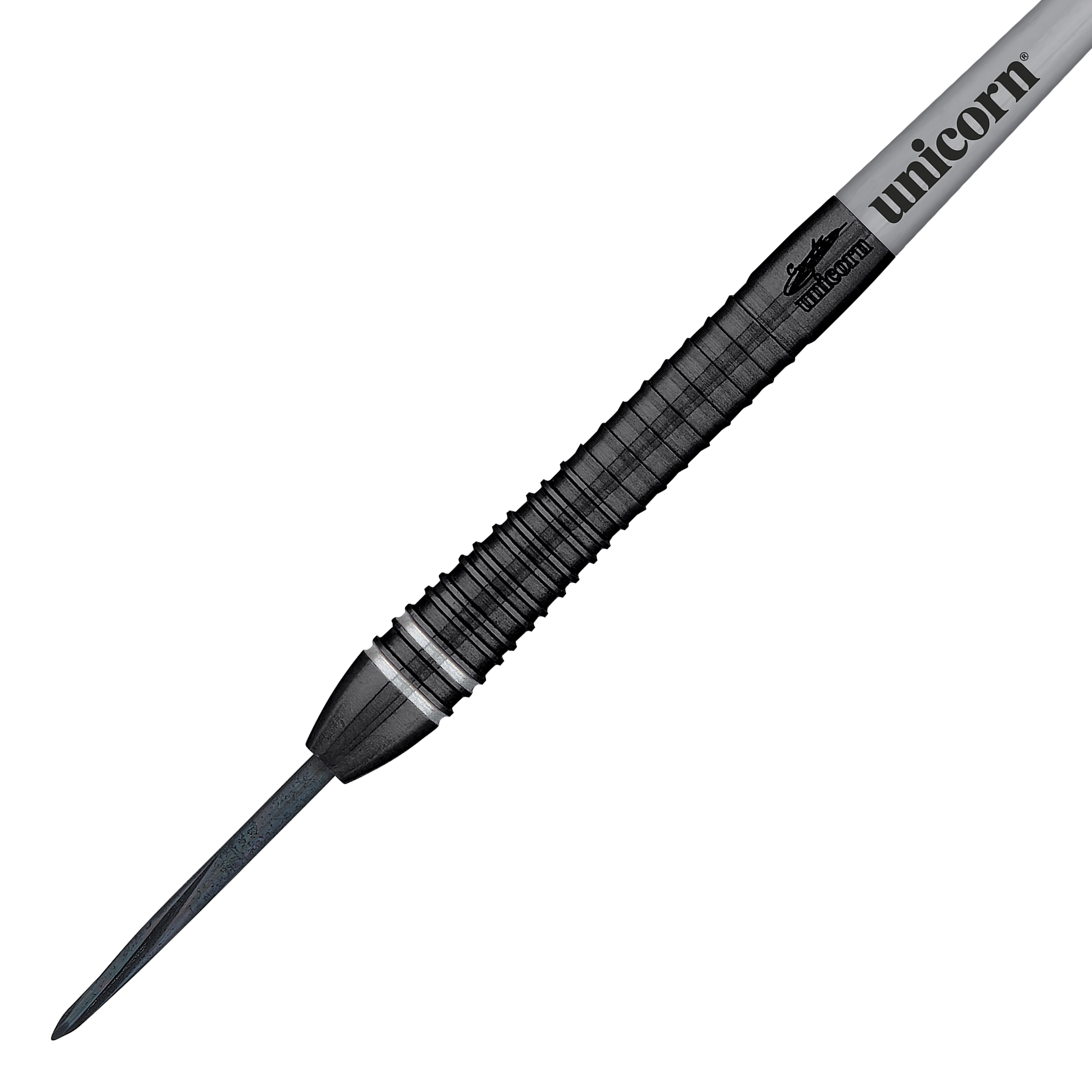 Unicorn World Champion Gary Anderson Noir Phase 6 Steeldarts Das Bild zeigt einen Steeldartpfeil aus der Serie "Unicorn World Champion Gary Anderson Noir Phase 6". Der Dartpfeil ist schwarz mit silbernen Akzenten und trägt das "Unicorn"-Logo.