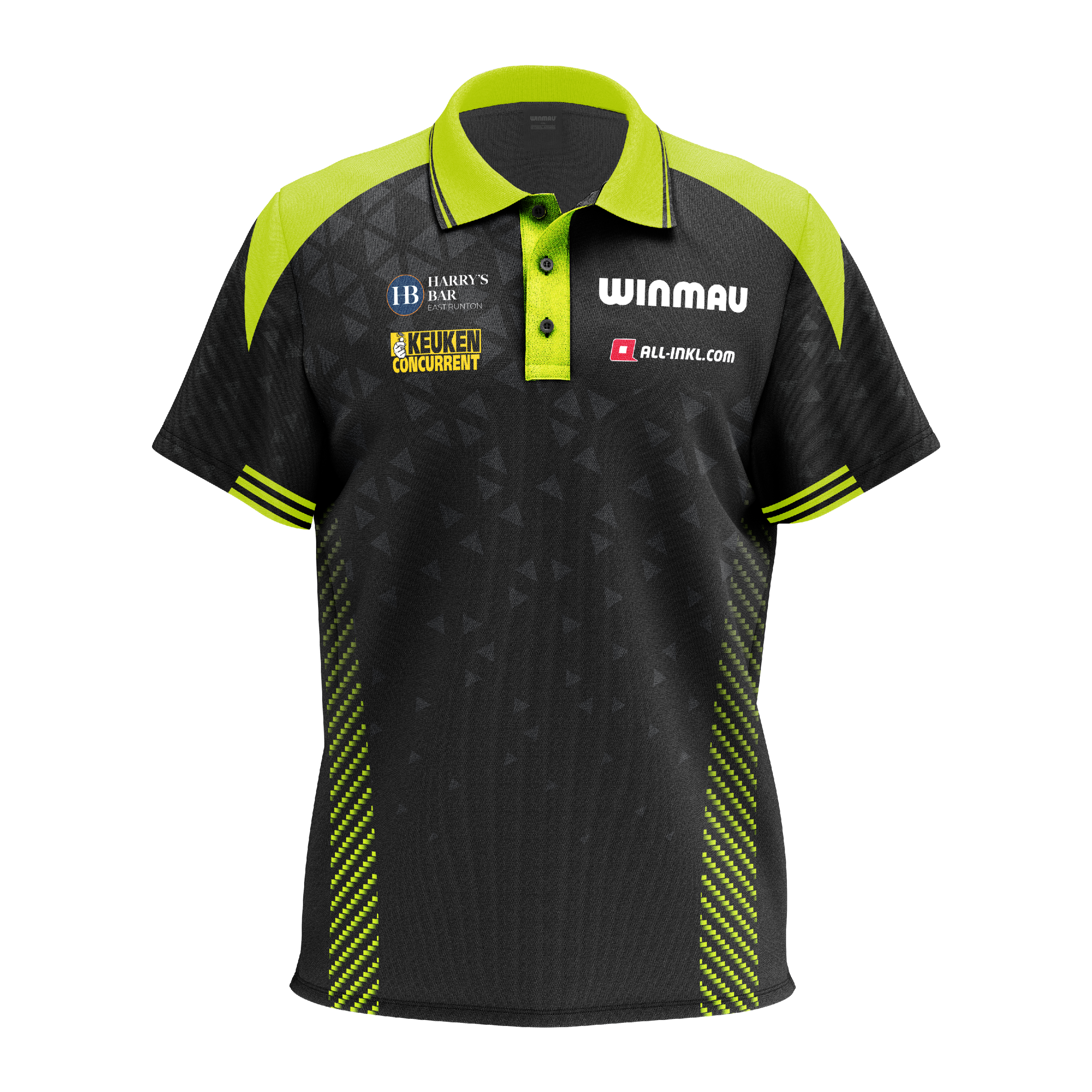 Das Bild zeigt das Winmau Michael Van Gerwen Stage Poloshirt. Das Shirt ist im Stil des bekannten Dartspielers gehalten.