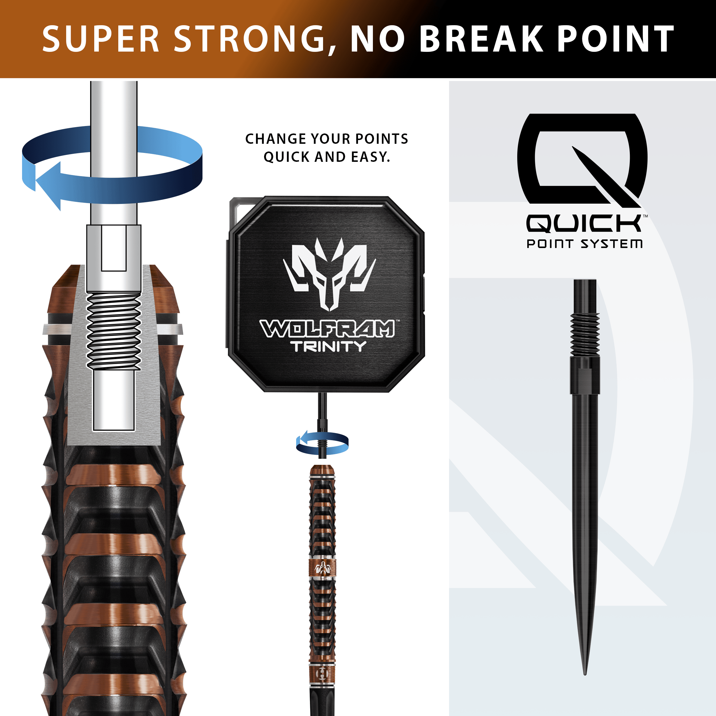 Harrows Tungsten Trinity Quick Point Steel Darts Auf diesem Foto sind die Harrows Wolfram Trinity Quick Point Steeldarts dargestellt. Das Design dieser Darts betont Präzision und Stabilität.