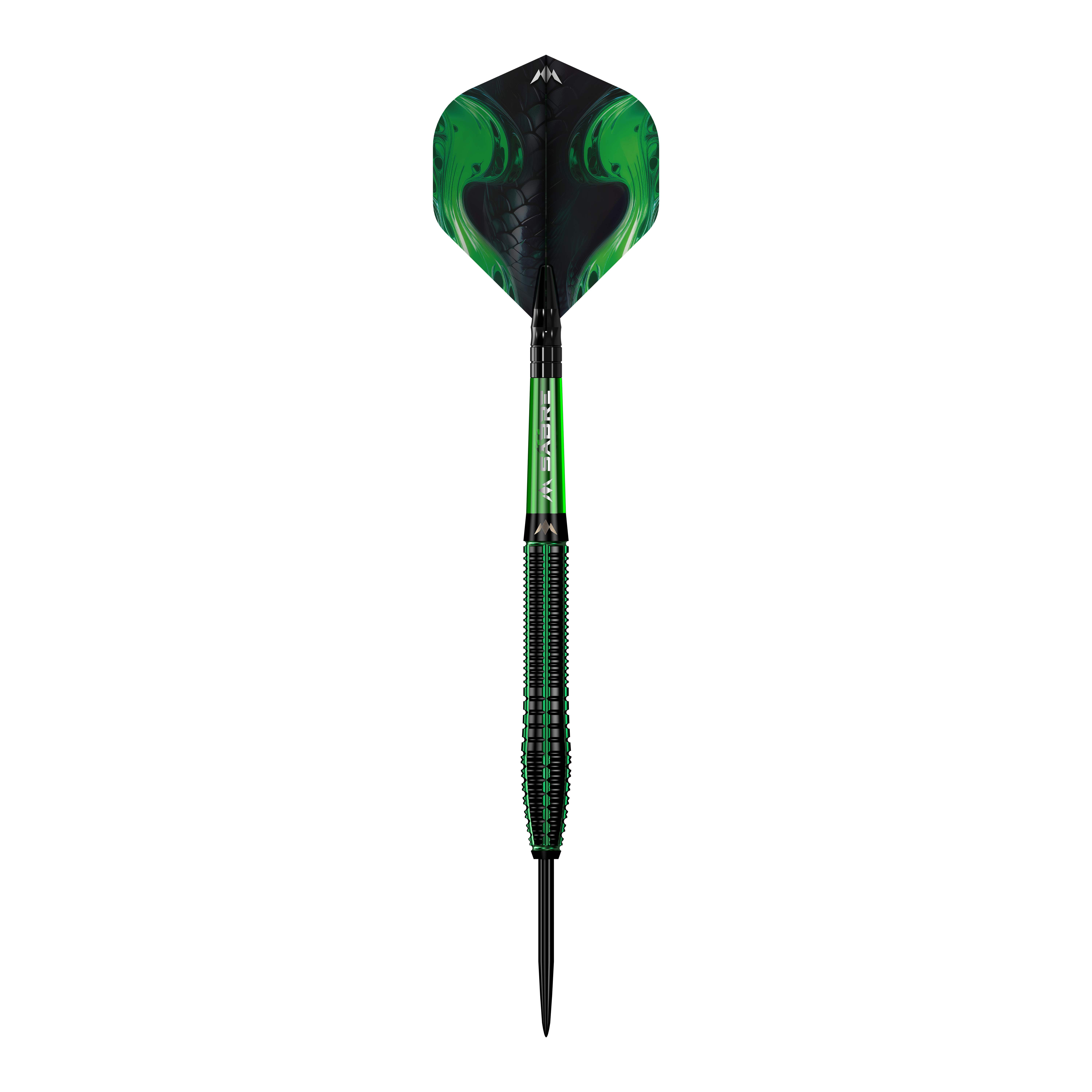 Mission Venom steel darts Das Bild zeigt einen Mission Venom Steeldart mit einem auffälligen, grünen Design. Der Schaft und die Flights haben ein modernes Muster, das an Schlangenhaut erinnert.