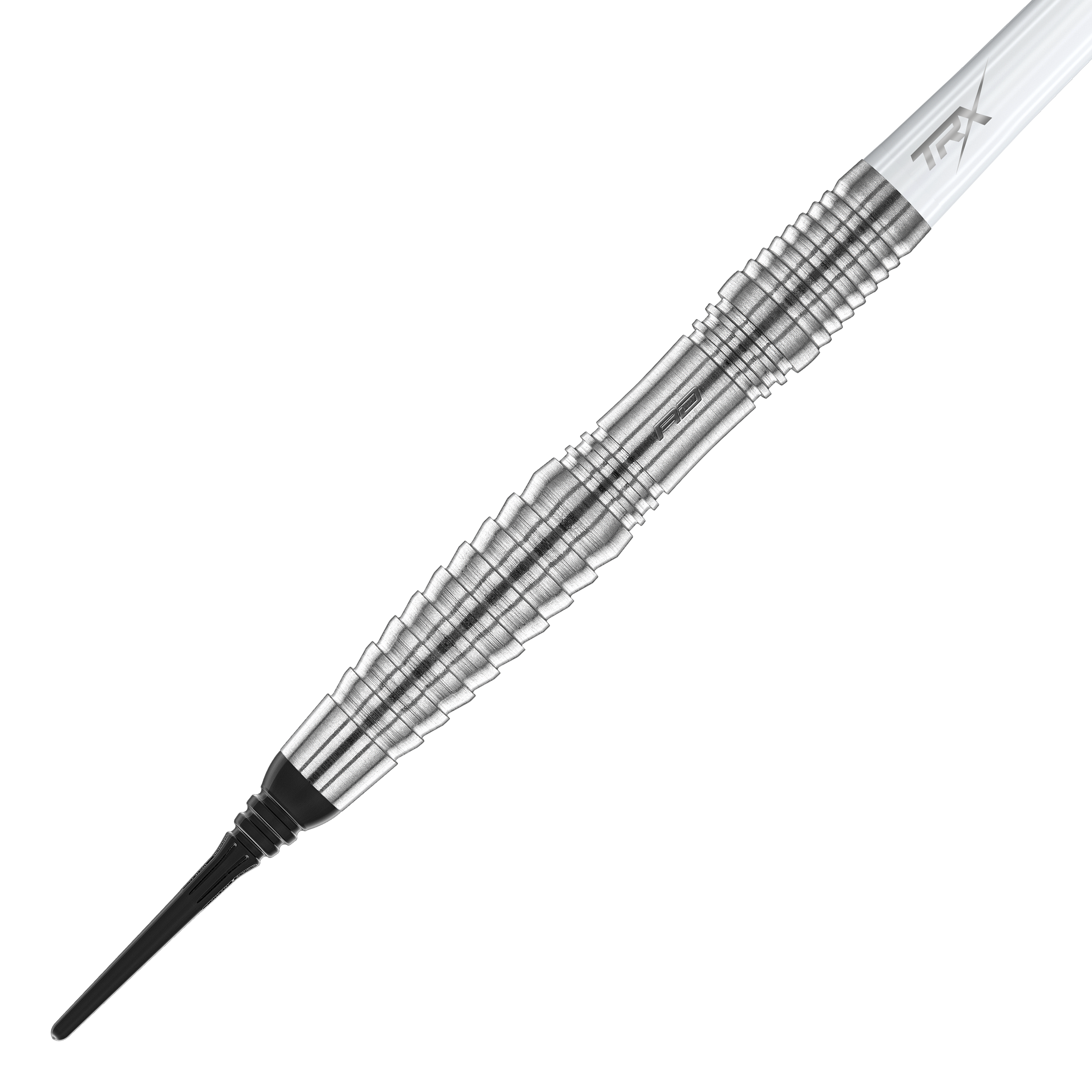 Red Dragon Seren 3 Pure Softdarts - 20g Das Bild zeigt einen Red Dragon Seren 3 Pure Softdart mit einem Gewicht von 20g. Der Dart hat einen silberfarbenen, geriffelten Metallkörper und eine schwarze Spitze.