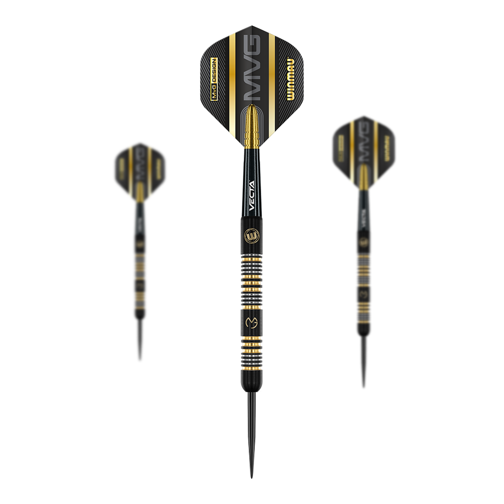 Winmau Michael Van Gerwen Trilogy Steeldarts Das Bild zeigt drei schwarze Steeldarts mit goldenen und silbernen Akzenten. Auf den Flights steht groß "MVG" und "Winmau".