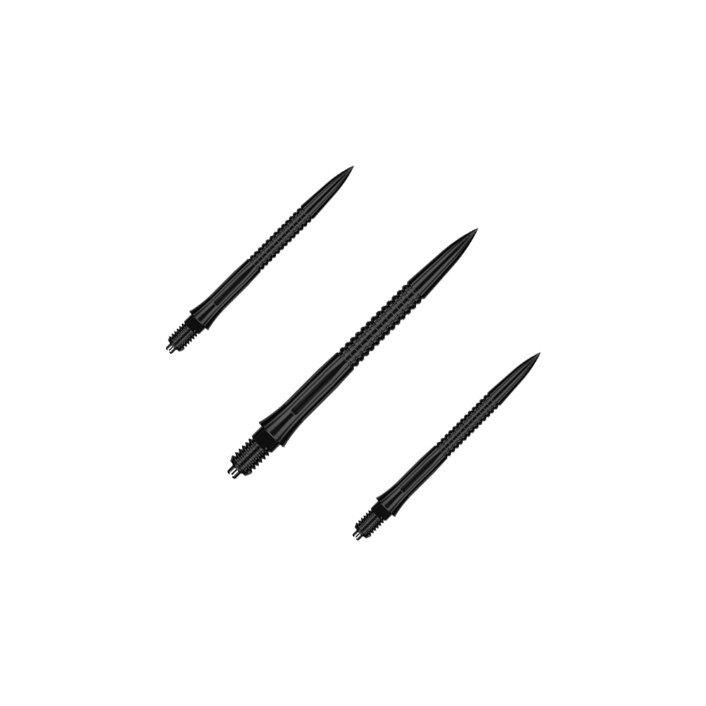 Das Bild zeigt ein Set EVO201 Caliburn EZ-EVO Dartspitzen mit Rillen in Schwarz, jeweils 28 mm lang. Das Set ist ideal für Dartliebhaber und Vielspieler.