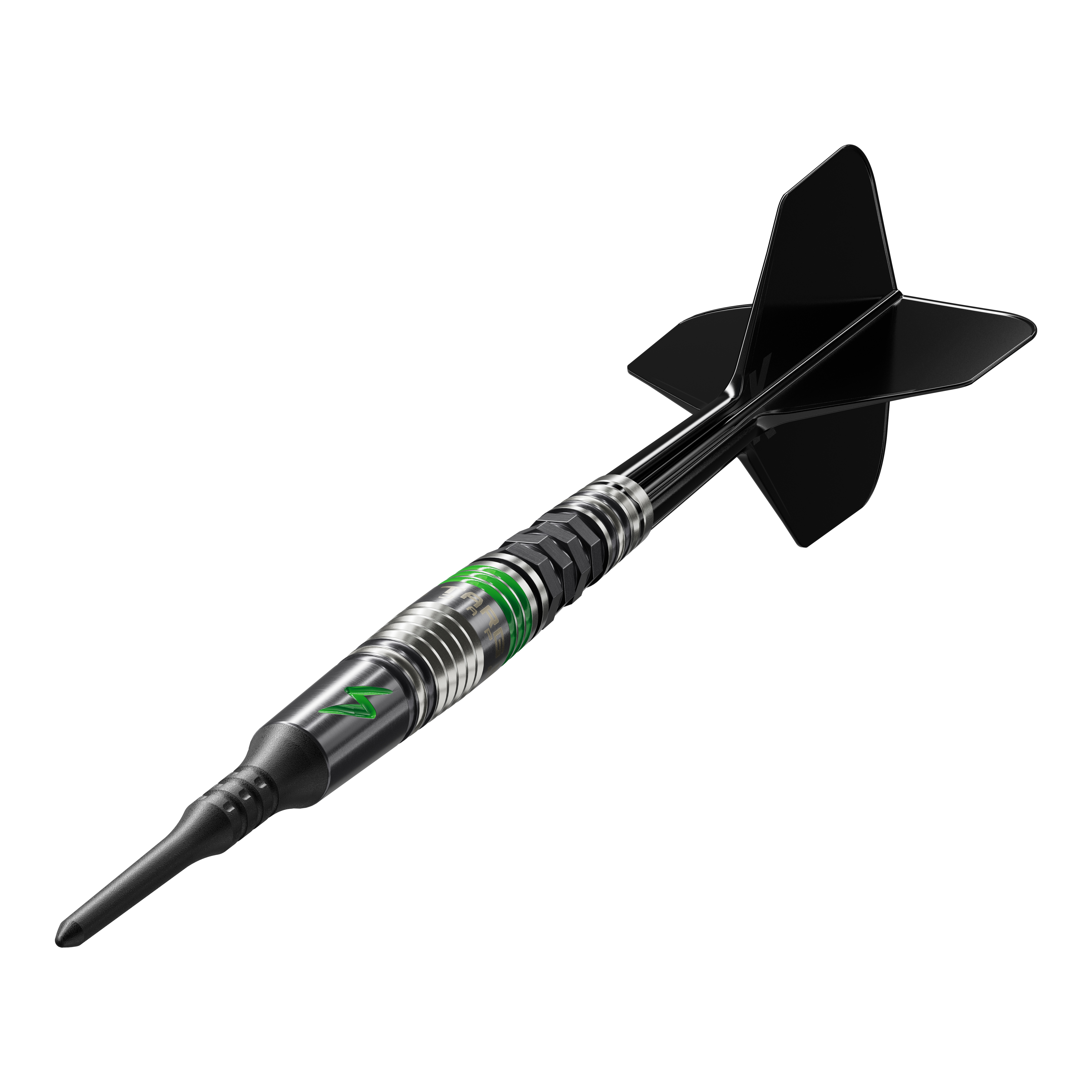Target Japan Black Marque Lightning 3 Soft Darts - 19g Das Bild zeigt einen Softdart der Marke Target Japan Black Marque Lightning 3 mit einem Gewicht von 19 Gramm. Der Dartpfeil ist schwarz und silber mit grünen Akzenten und hat schwarze Flights.