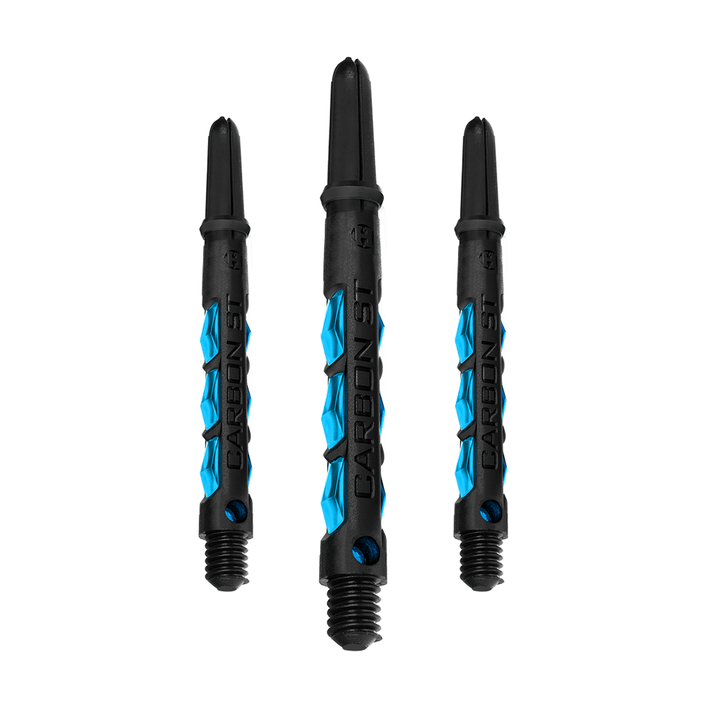 HR412_Harrows_Carbon_ST_Shafts_Aqua_47mm_1c1gU1i6hU0sTO Das Bild zeigt drei Harrows Carbon ST Shafts in der Farbe Aqua. Die Dartschäfte sind schwarz mit blauen Akzenten gestaltet.