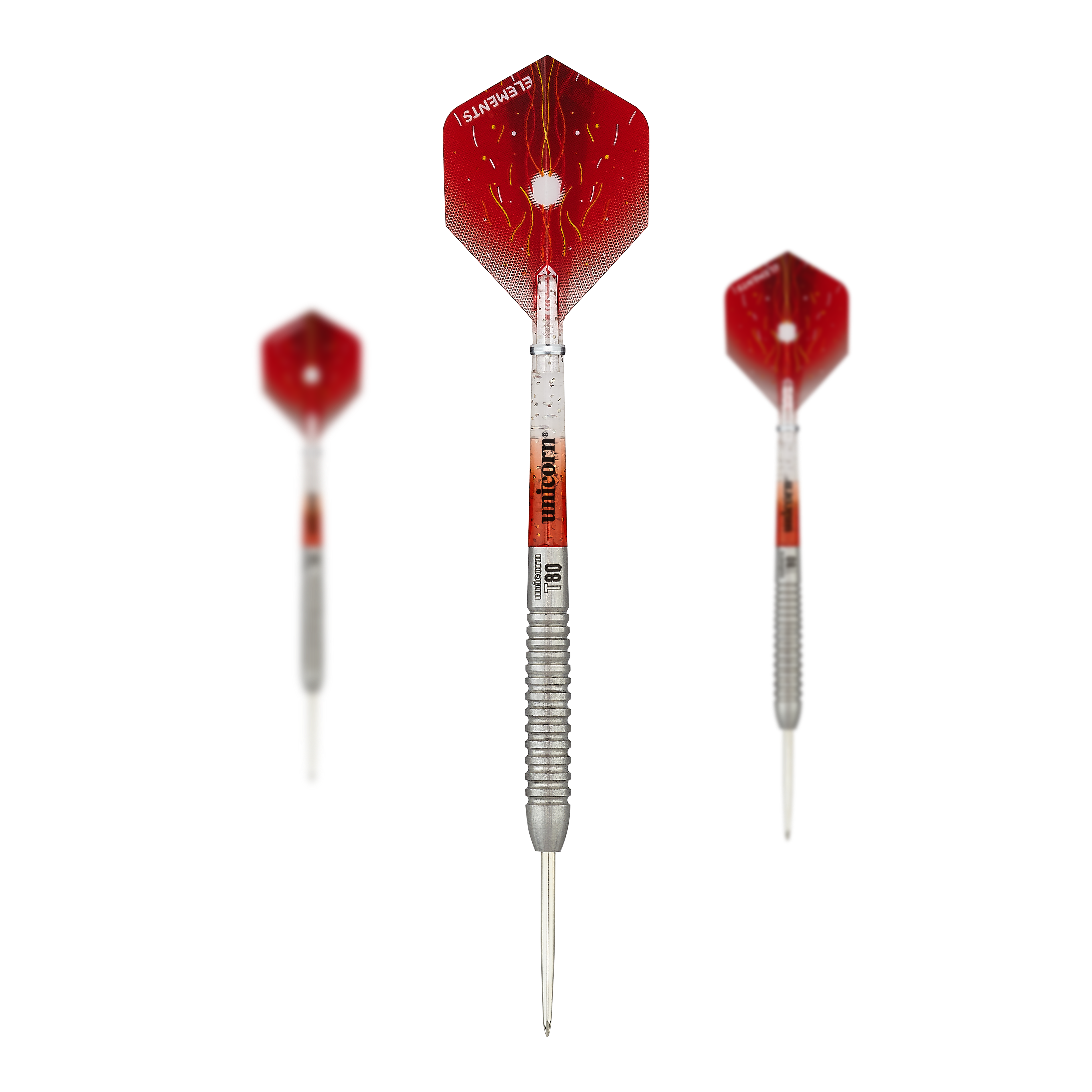 Unicorn Core XL Striker Style 5 steel darts Das Bild zeigt drei Steeldarts des Produkts "Unicorn Core XL Striker Style 5". Die Darts haben rote Flights und einen silbernen, geriffelten Schaft.