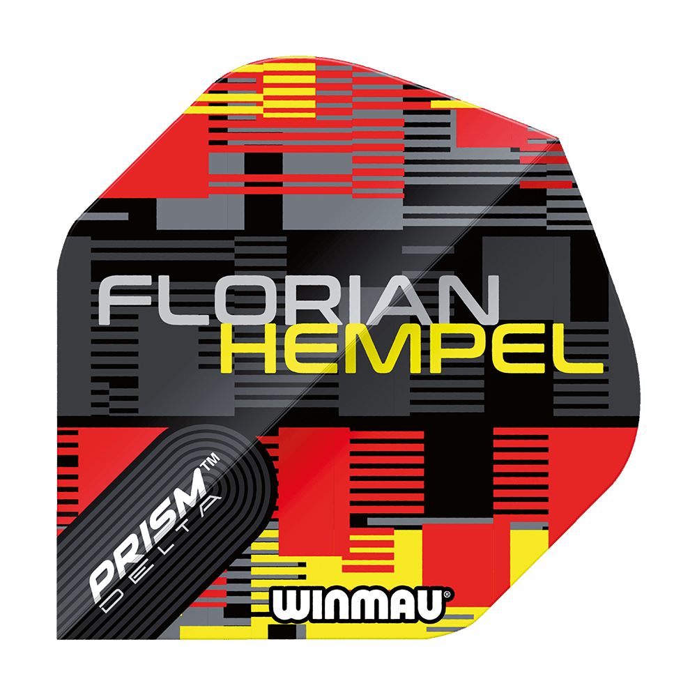 6915-259_Winmau_Prism_Delta_Florian_Hempel_Metallic_Standard_Flights_1 Das Bild zeigt ein Winmau Prism Delta Florian Hempel Metallic Standard Flight. Das Design ist in Schwarz, Rot und Gelb mit dem Namen "Florian Hempel" und dem Winmau-Logo gestaltet.