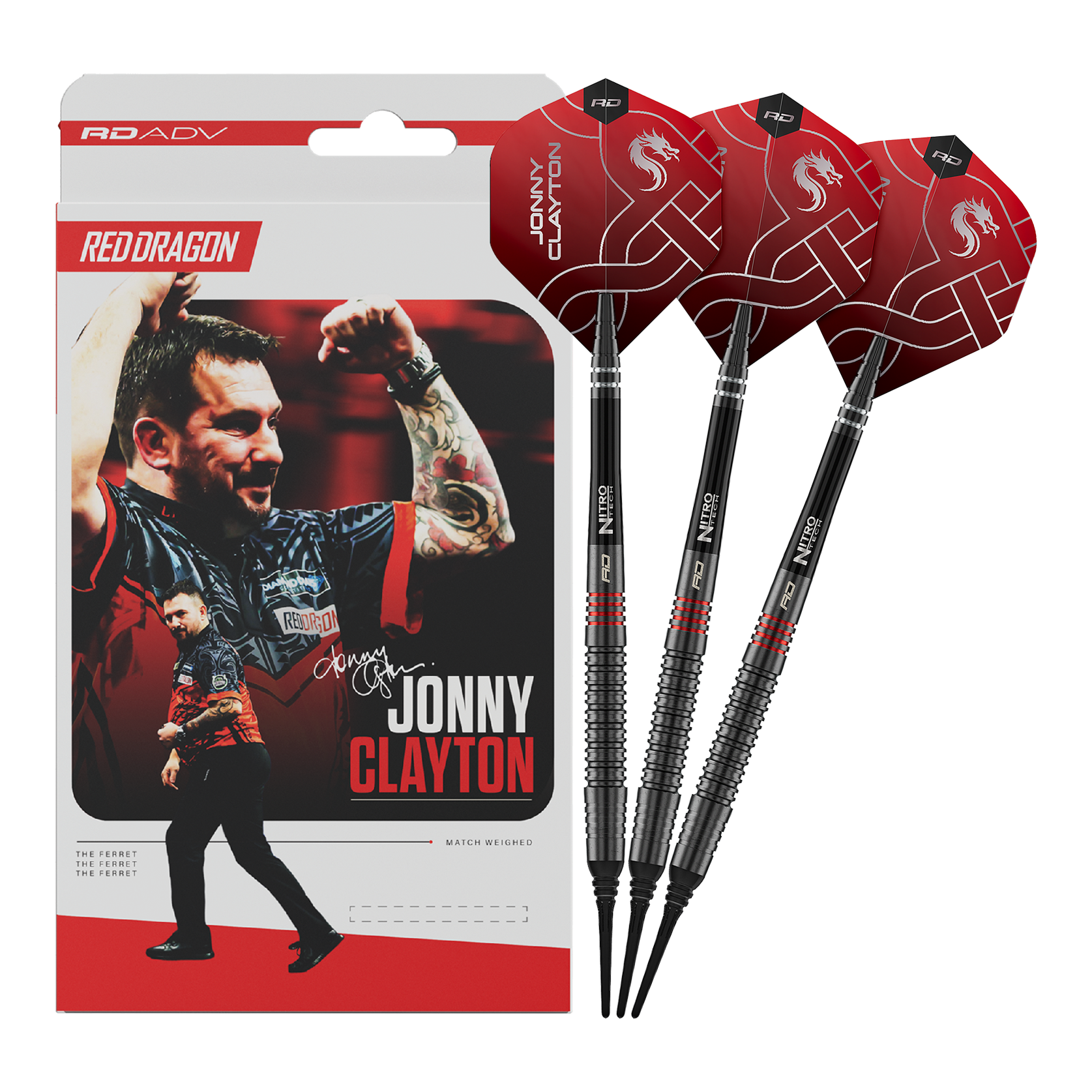 Das Foto zeigt die Red Dragon Jonny Clayton RD-ADV Softdarts - 18g. Die volle Länge des Darts ist abgebildet.
