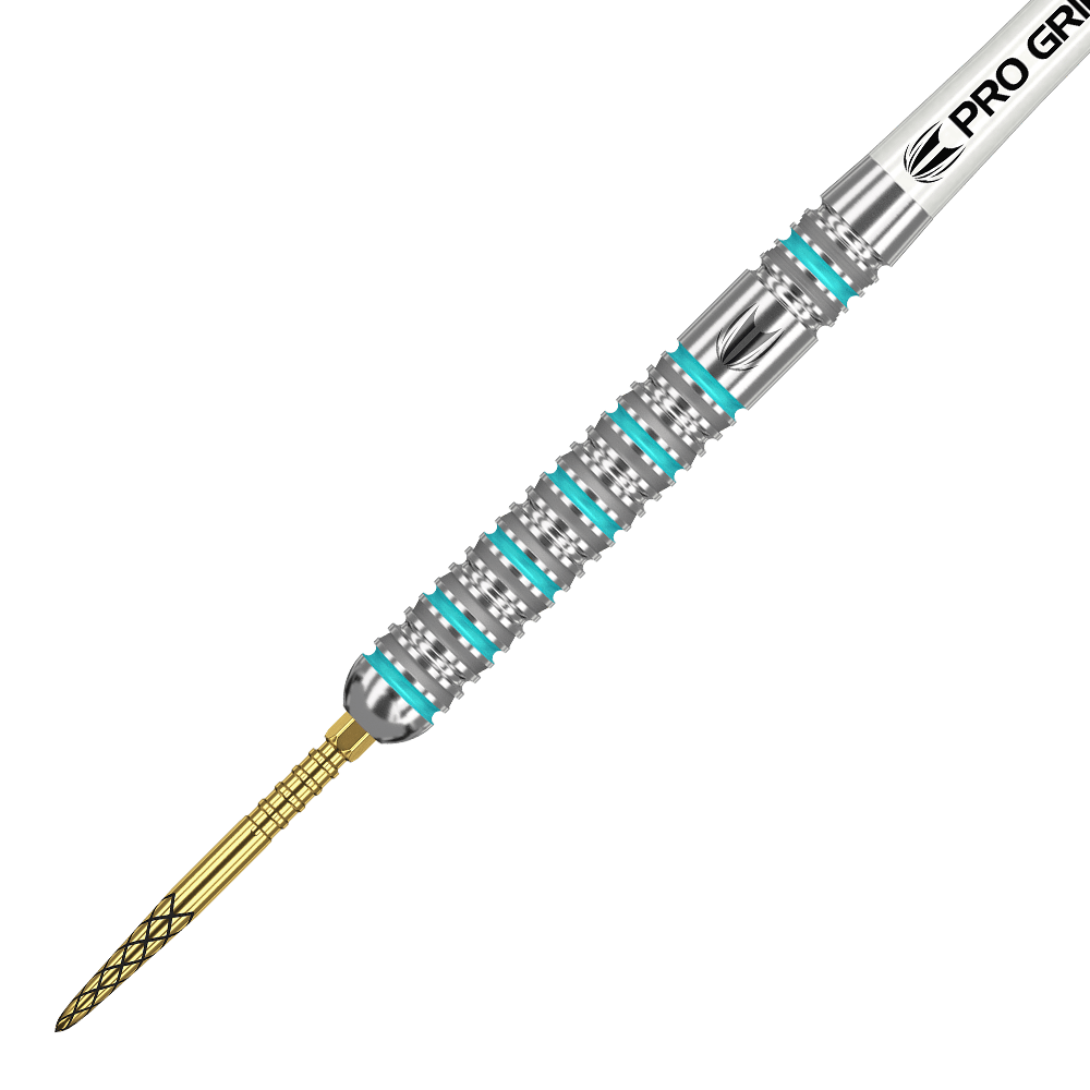 190095_Target_Rob_Cross_GEN2_Swiss_Point_Steeldarts_2 Das Bild zeigt einen Target Rob Cross GEN2 Swiss Point Steeldart. Der Dartpfeil hat einen silbernen Schaft mit türkisfarbenen Akzenten und eine goldfarbene Spitze.