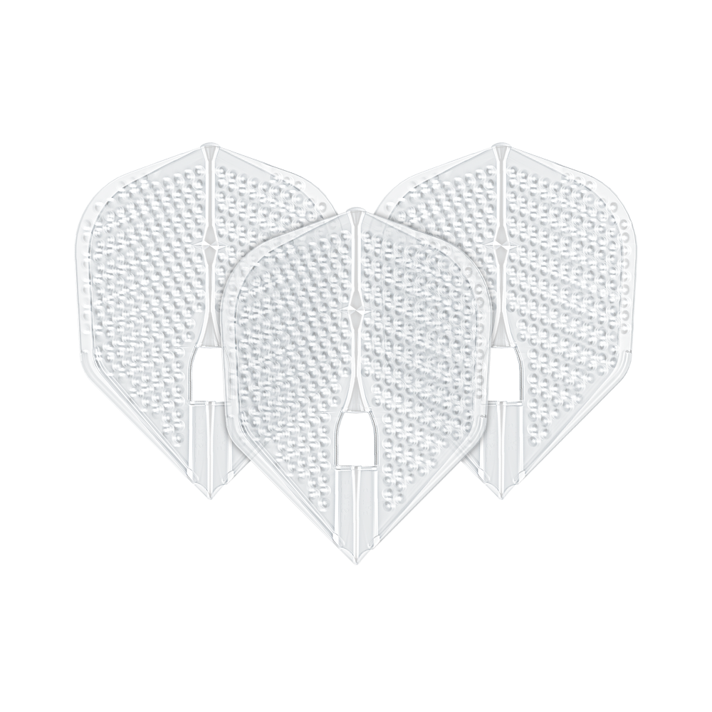 L-Style Flights Dimple Champagne L3PRO Shape Das Bild zeigt drei transparente Darts-Flights in L3PRO Form mit Dimple-Oberfläche. Es handelt sich um das Produkt "L-Style Flights Dimple Champagne L3PRO Shape".