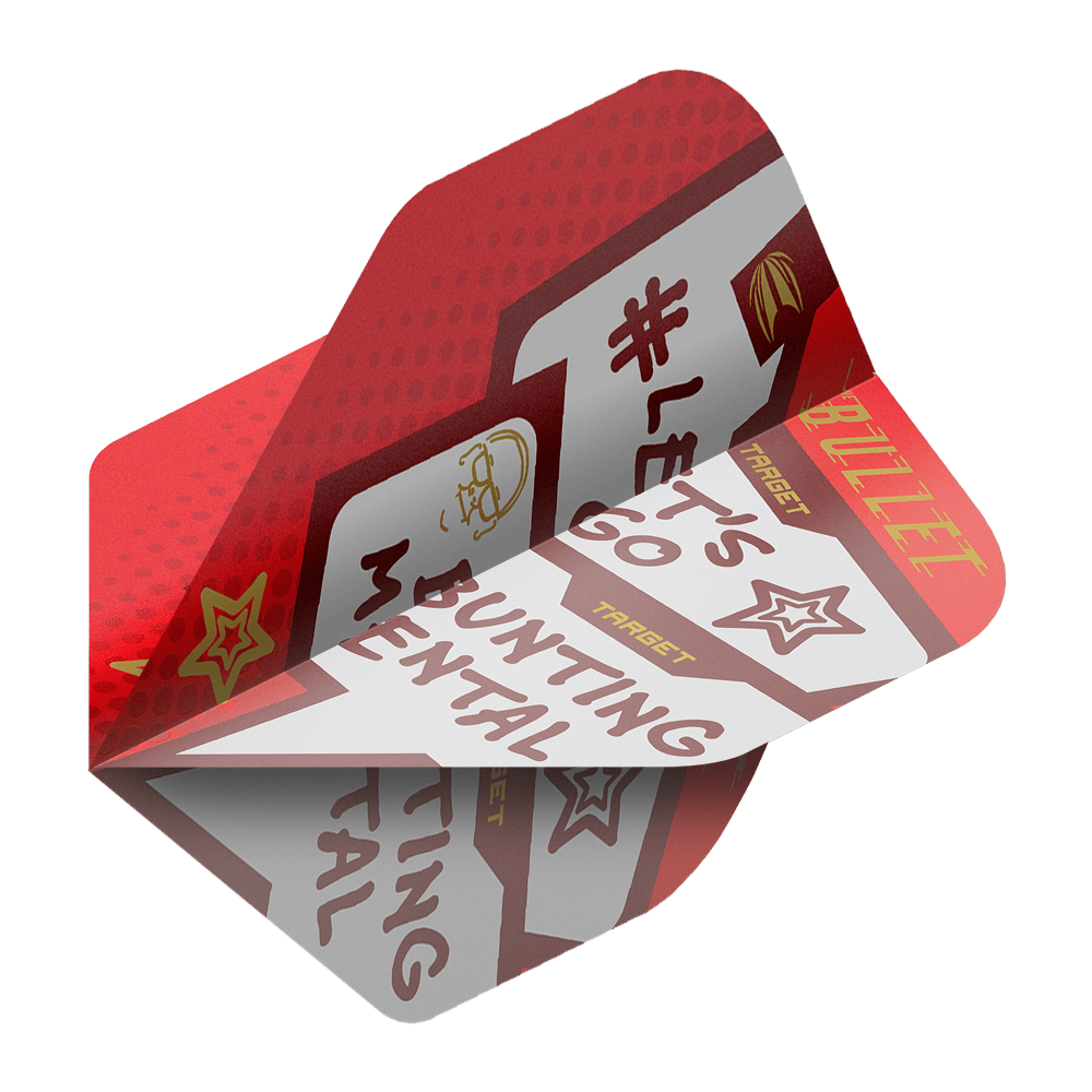 Das Bild zeigt ein Dart-Flight mit der Aufschrift „BUNTING MENTAL“ und „LET’S GO“. Das Flight hat ein rotes und weißes Design mit gelben und braunen Akzenten.