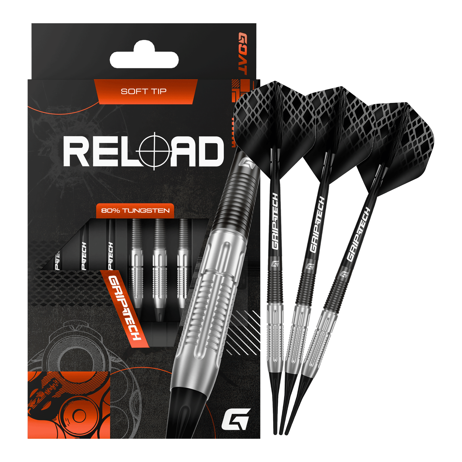 Zu sehen sind die GOAT Reload Softdarts - 20g in kompletter Ausführung. Diese Softdarts bieten durchdachte Qualität für ambitionierte Dartspieler.