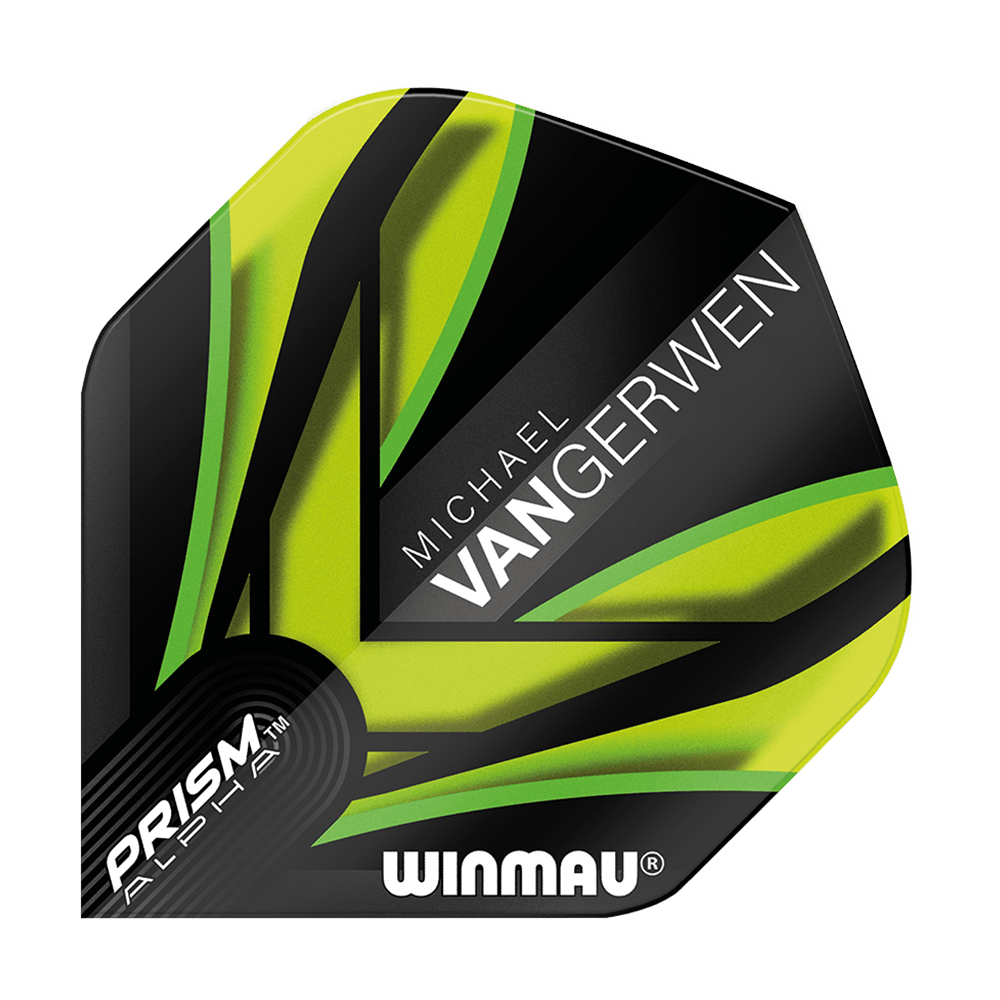 6915-145_Winmau_Prism_Alpha_MvG_Black_Green_V2_Standard_Flights_1x7JcQ6h7kBRAx Dies ist ein Winmau Prism Alpha MvG Black Green V2 Standard Flight. Das Design ist überwiegend schwarz mit auffälligen grünen und gelben Akzenten sowie dem Namen "Michael van Gerwen".
