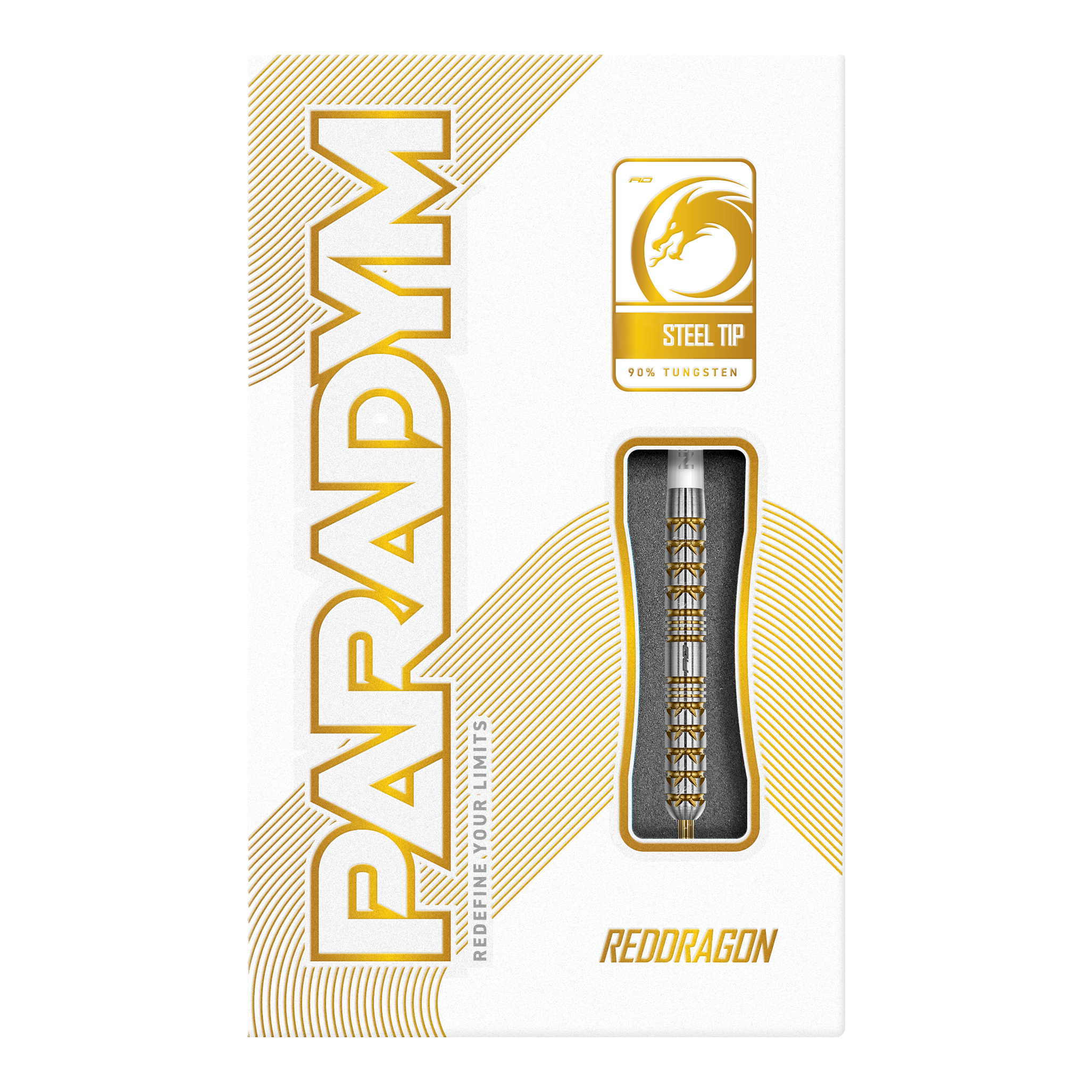 Das Bild zeigt die Red Dragon Paradym Gold Parallel Steeldarts. Sie sind parallel geformt und in einer auffälligen Goldfarbe gehalten.