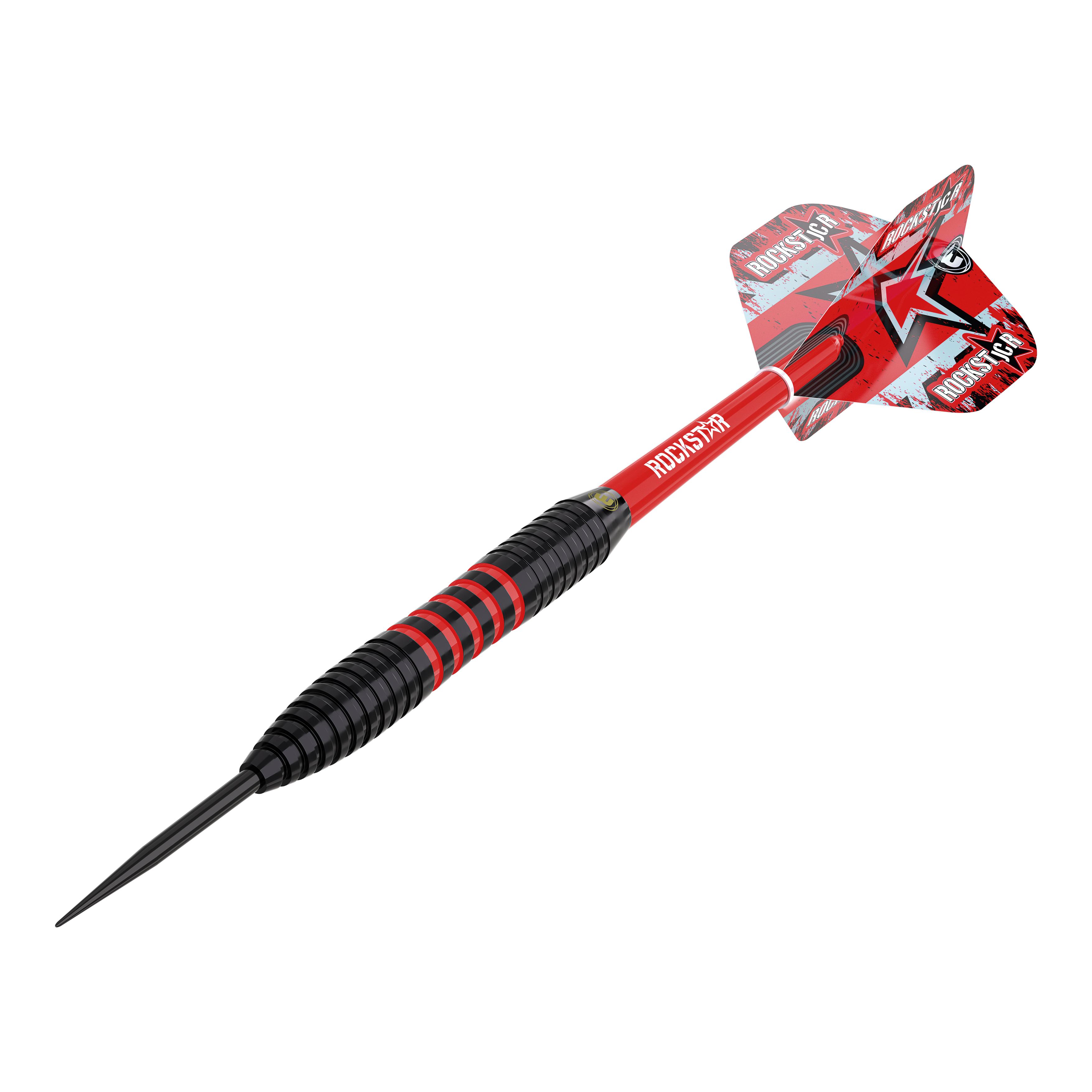 Winmau Joe Cullen Brass Steeldarts - 20g Das Bild zeigt einen Winmau Joe Cullen Brass Steeldart mit einem Gewicht von 20g. Der Dart ist schwarz und rot, mit einer auffälligen roten Flights und dem Schriftzug "ROCKSTAR".