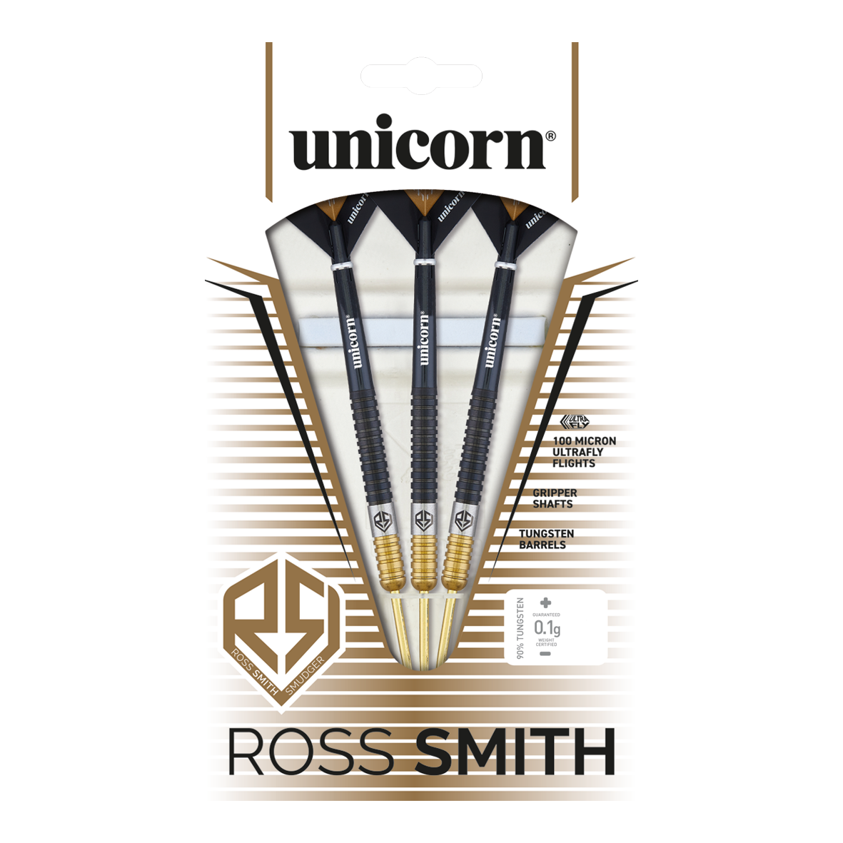 Unicorn Ross Smith Two-Tone Steel Darts Das Bild zeigt die Unicorn Ross Smith Two-Tone Steeldarts in ihrer Verpackung. Die Verpackung hebt die Eigenschaften wie Gripper Shafts, 100 Micron Ultrafly Flights und Tungsten Barrels hervor.