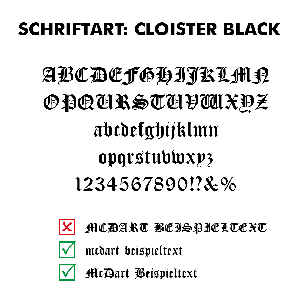 Flightdruck-Schriftart-Cloister-BlackzHqmL8VdNStUn Das Bild zeigt die Schriftart "Cloister Black" mit Beispielbuchstaben, Zahlen und Satzzeichen. Unten werden richtige und falsche Schreibweisen für Beispieltexte mit Häkchen und Kreuz markiert.
