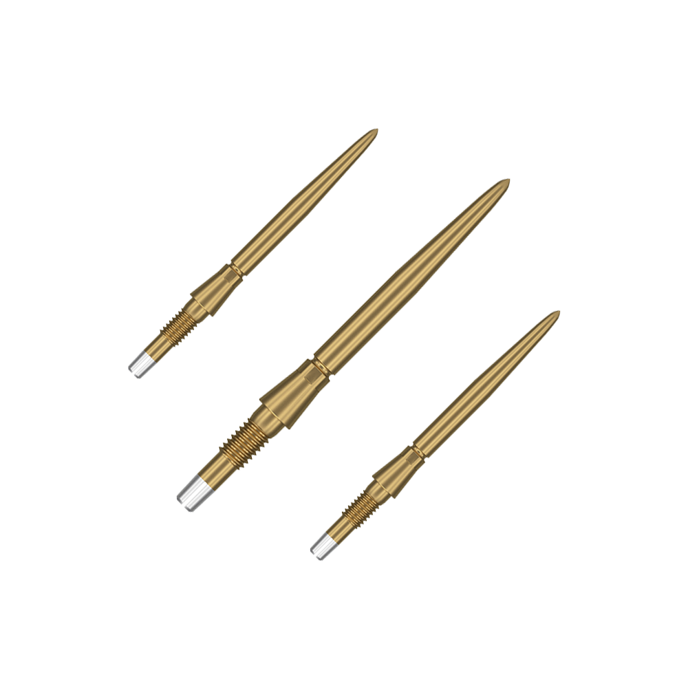 Target Swiss Storm Point Dart Tips - Gold Das Bild zeigt drei goldene Dartspitzen, die nebeneinander angeordnet sind. Sie haben ein schlankes, spitzes Design mit einem silbernen Schraubgewinde am Ende.