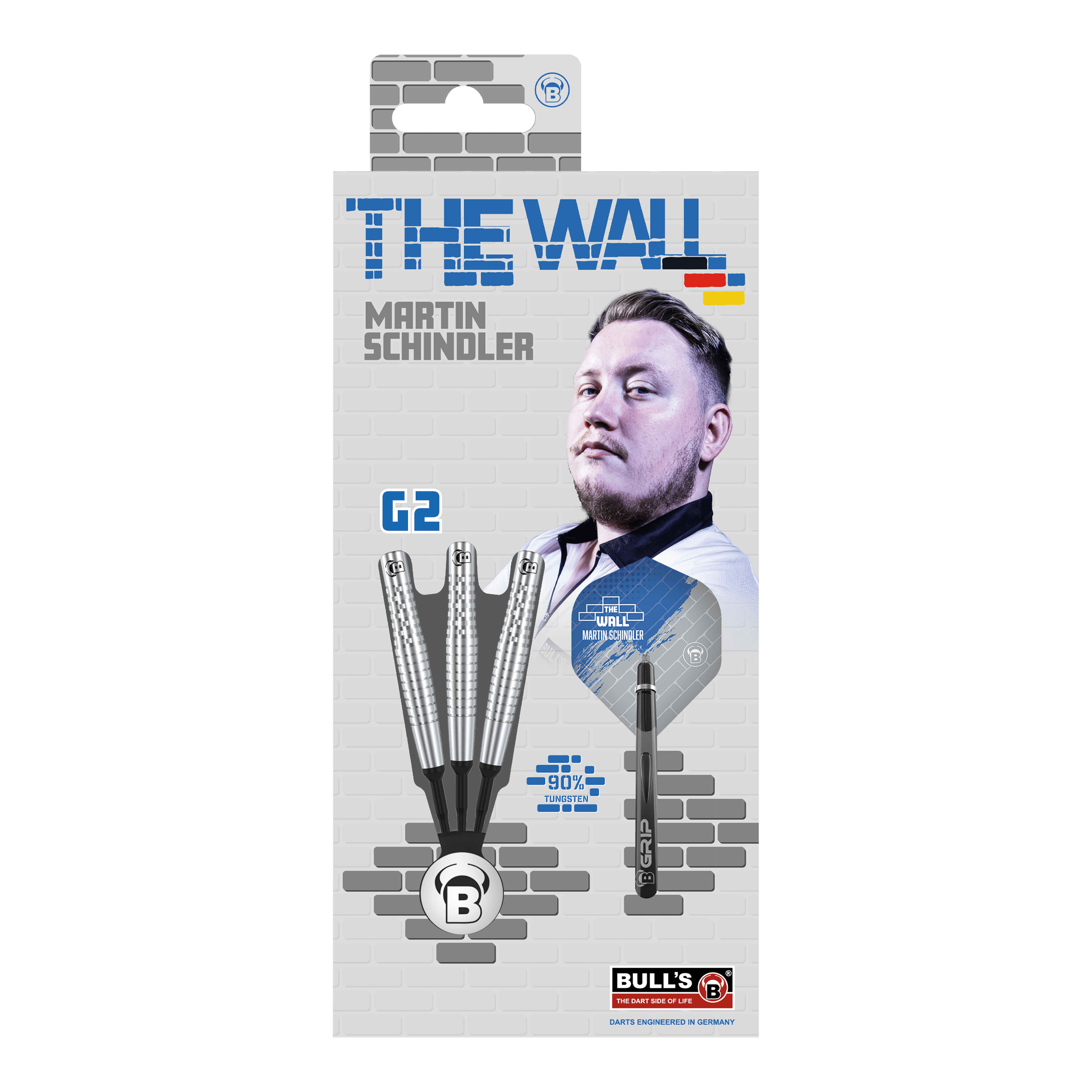 Bulls Martin Schindler Original Generation 2 soft darts Die Verpackung zeigt die "Bulls Martin Schindler Original Generation 2 Softdarts". Auf der Vorderseite ist ein Bild von Martin Schindler und die Darts selbst abgebildet.