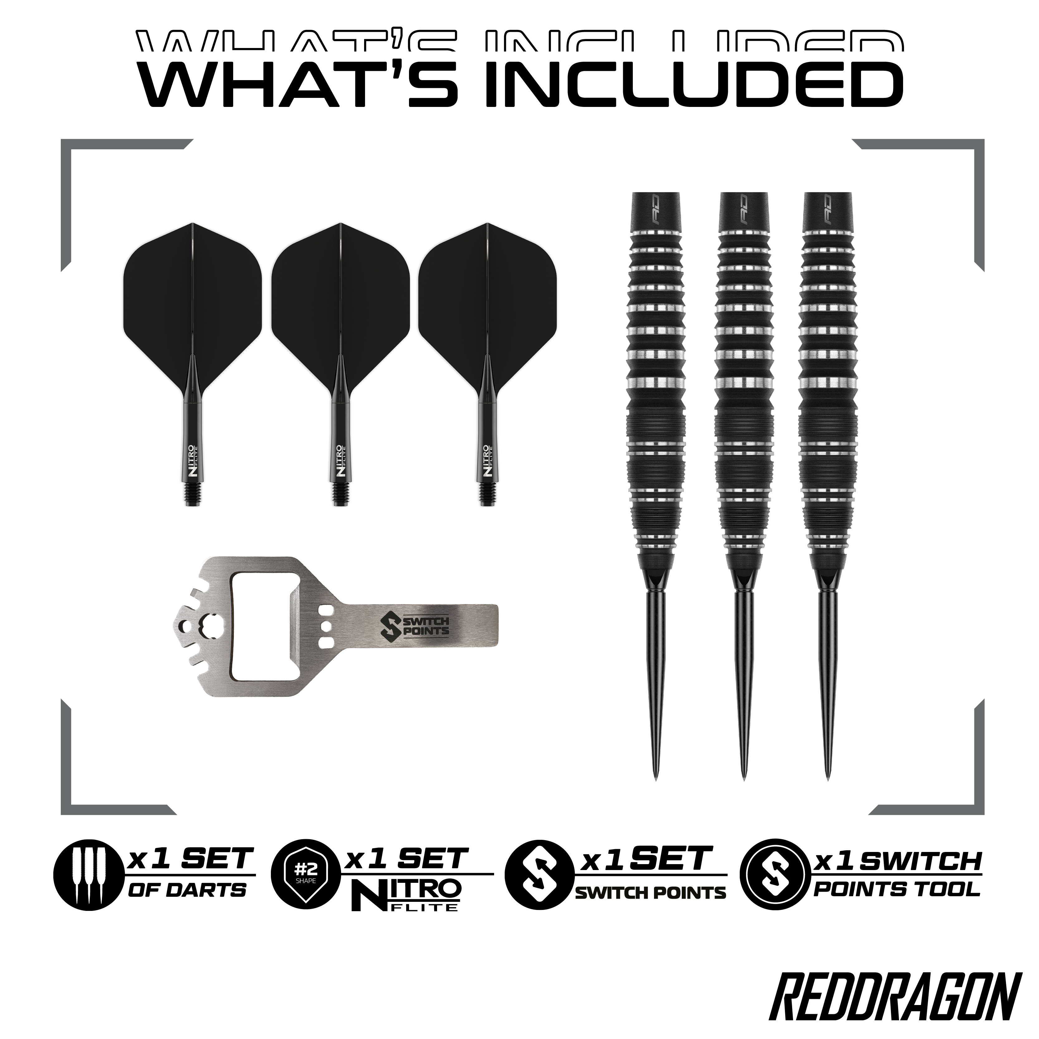 Red Dragon Sable Bomb Switch Point Steel Darts Das Bild zeigt die Red Dragon Sable Bomb Switch Point Steeldarts. Die Darts haben ein markantes Design und sind speziell für das Steeldartspiel entwickelt.