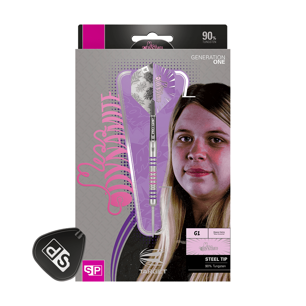 190221_Target_Elanor_Cairns_GEN1_Swiss_Point_Steeldarts_3 Die Abbildung zeigt die Target Eleanor Cairns GEN1 Swiss Point Steeldarts mit 24g Gewicht. Die Verpackung ist überwiegend lila und zeigt neben dem Dartpfeil ein Porträt einer Frau.