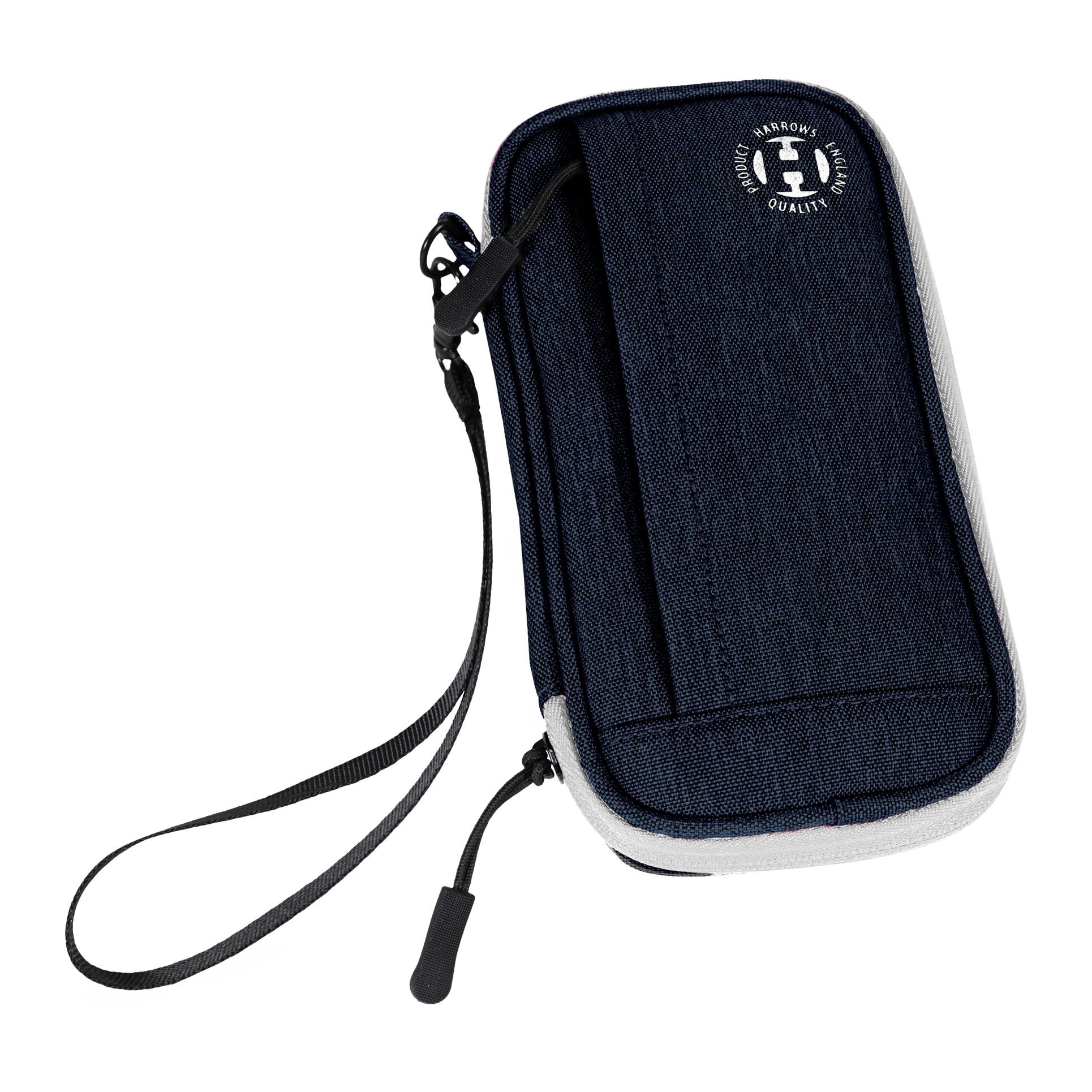Dies ist ein blaues Dart-Etui mit einer Handschlaufe. Auf der Vorderseite befindet sich ein rundes Harrows-Logo.