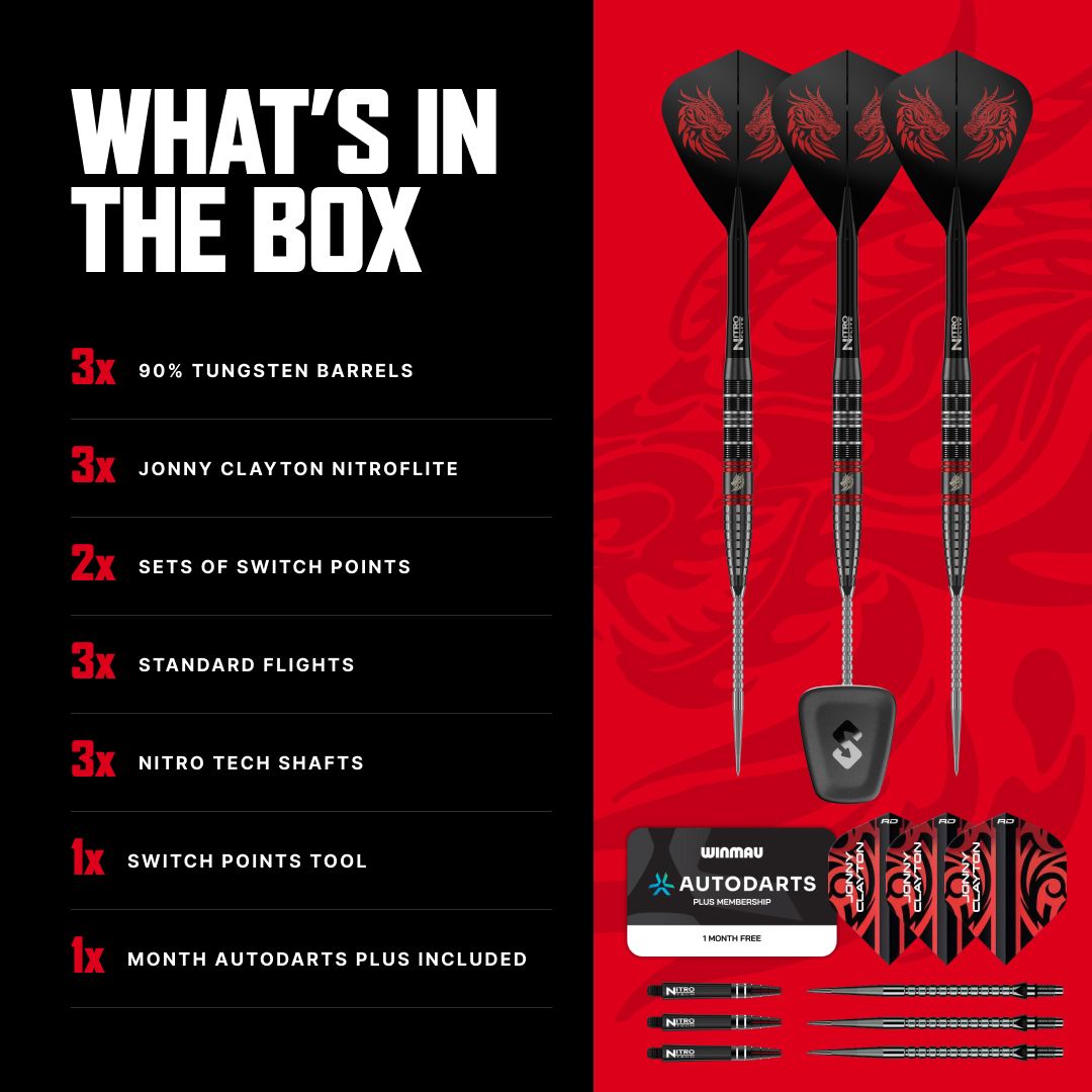 Das Foto zeigt die Red Dragon Jonny Clayton RD-ULTRA Switch Point Steeldarts mit einem Gewicht von 22 Gramm. Die Darts werden im Detail präsentiert.