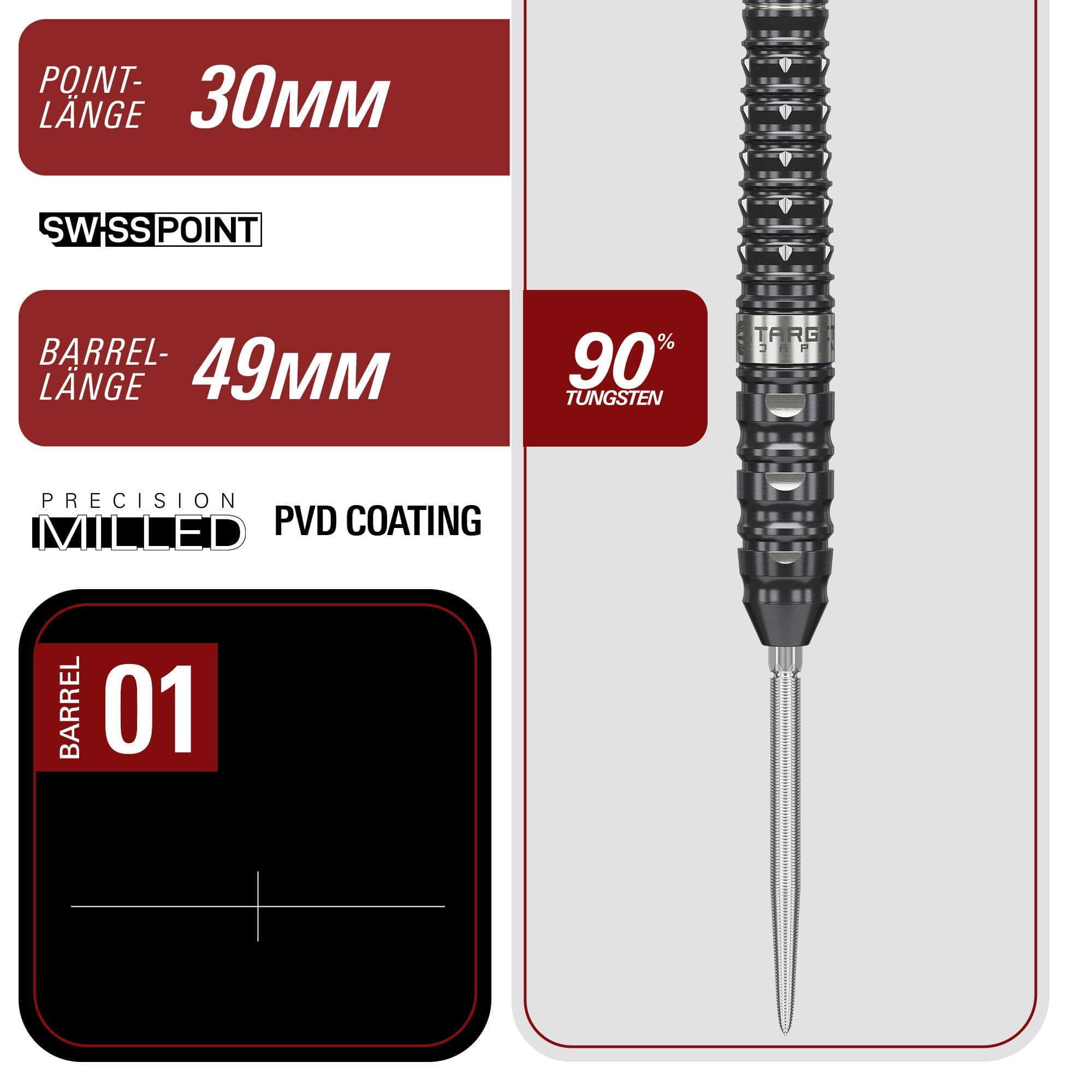 Zu sehen ist Target Japan Black Marque Eclipse Swiss Point Steeldarts - 23g. Die Steeldarts sind für Präzision und ausgewogenes Spiel entwickelt.