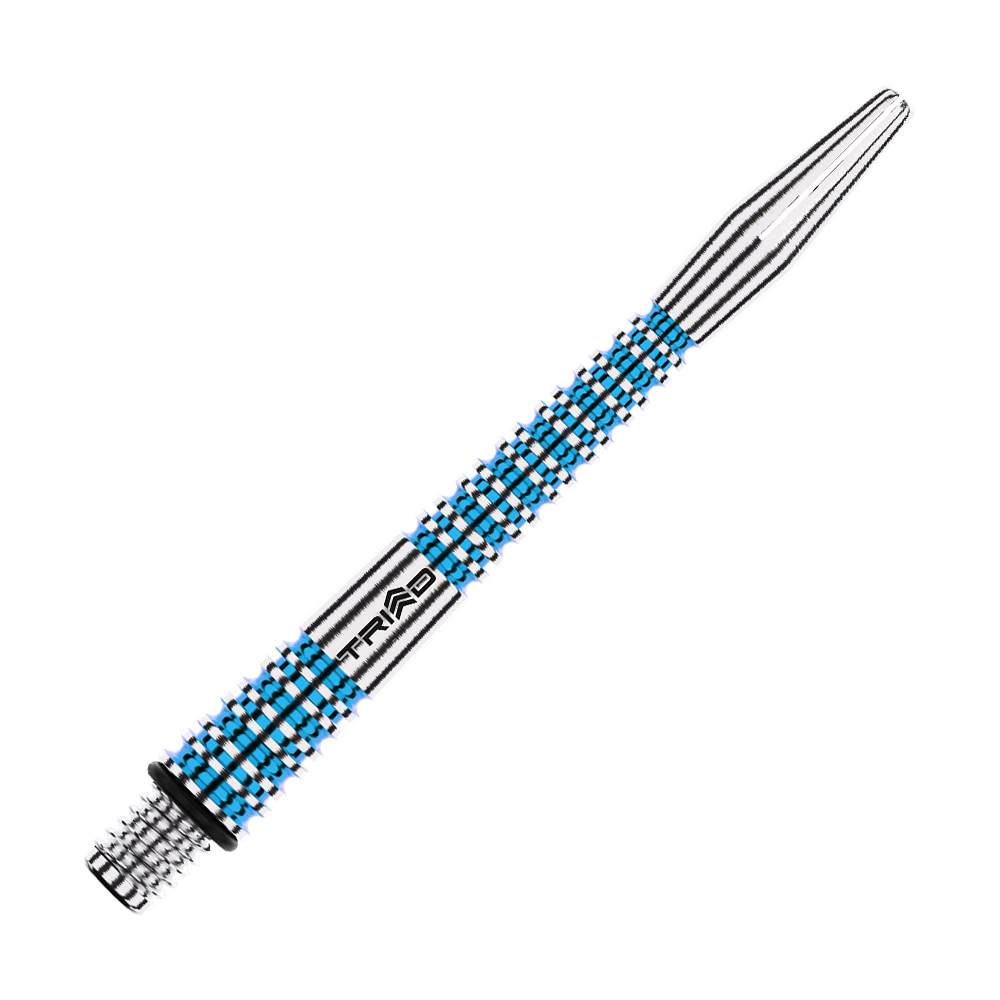 Das Bild zeigt einen blauen und silbernen Aluminium-Dartshaft mit dem Schriftzug "TRIAD". Der Schaft hat eine gerändelte Oberfläche für besseren Halt und ist 46 mm lang.