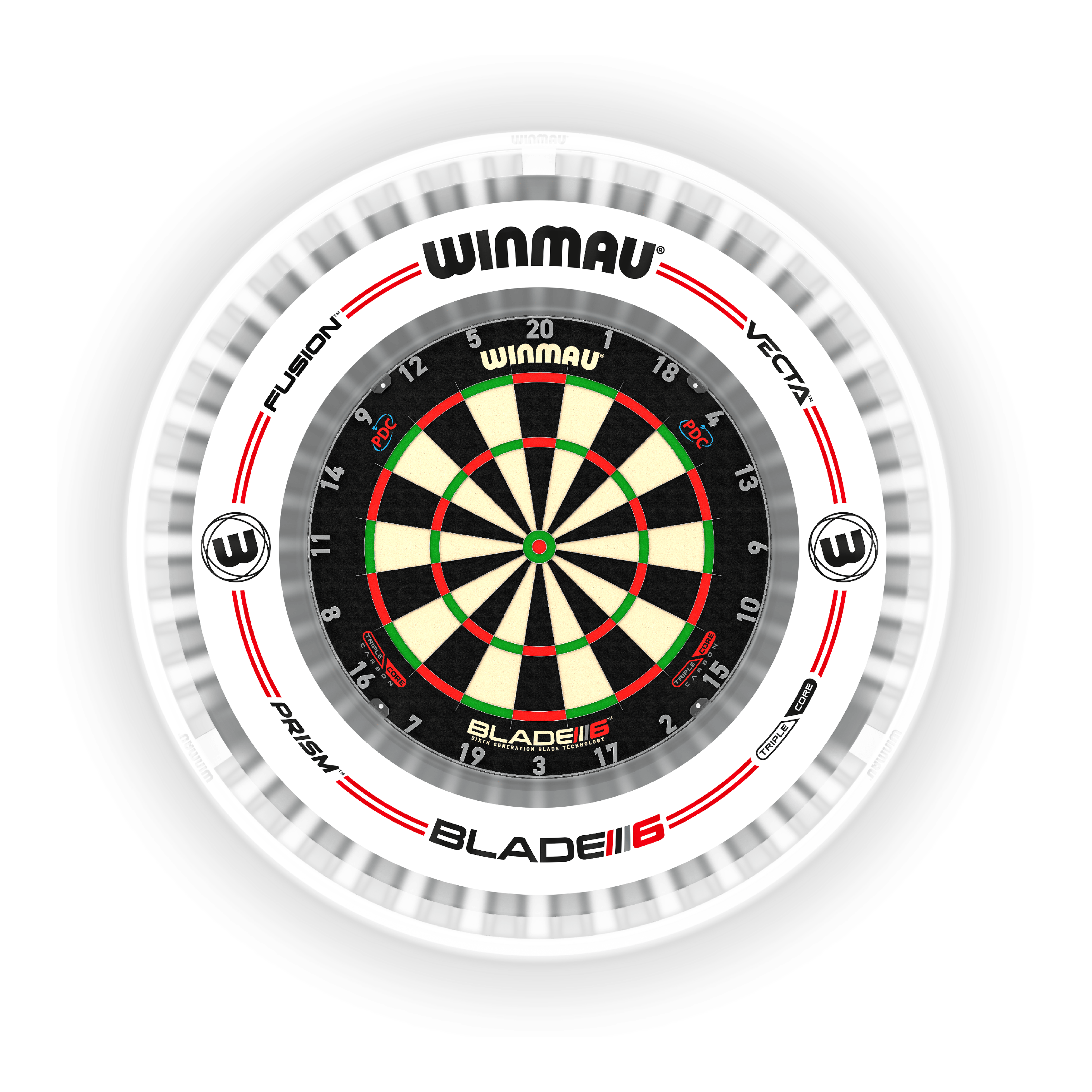 Winmau Plasma Ice LED Dartboard Light Das Bild zeigt das Produkt "Winmau Plasma Ice LED Dartboard Light" um ein Dartboard. Es sorgt für eine helle und gleichmäßige Ausleuchtung der Dartscheibe.
