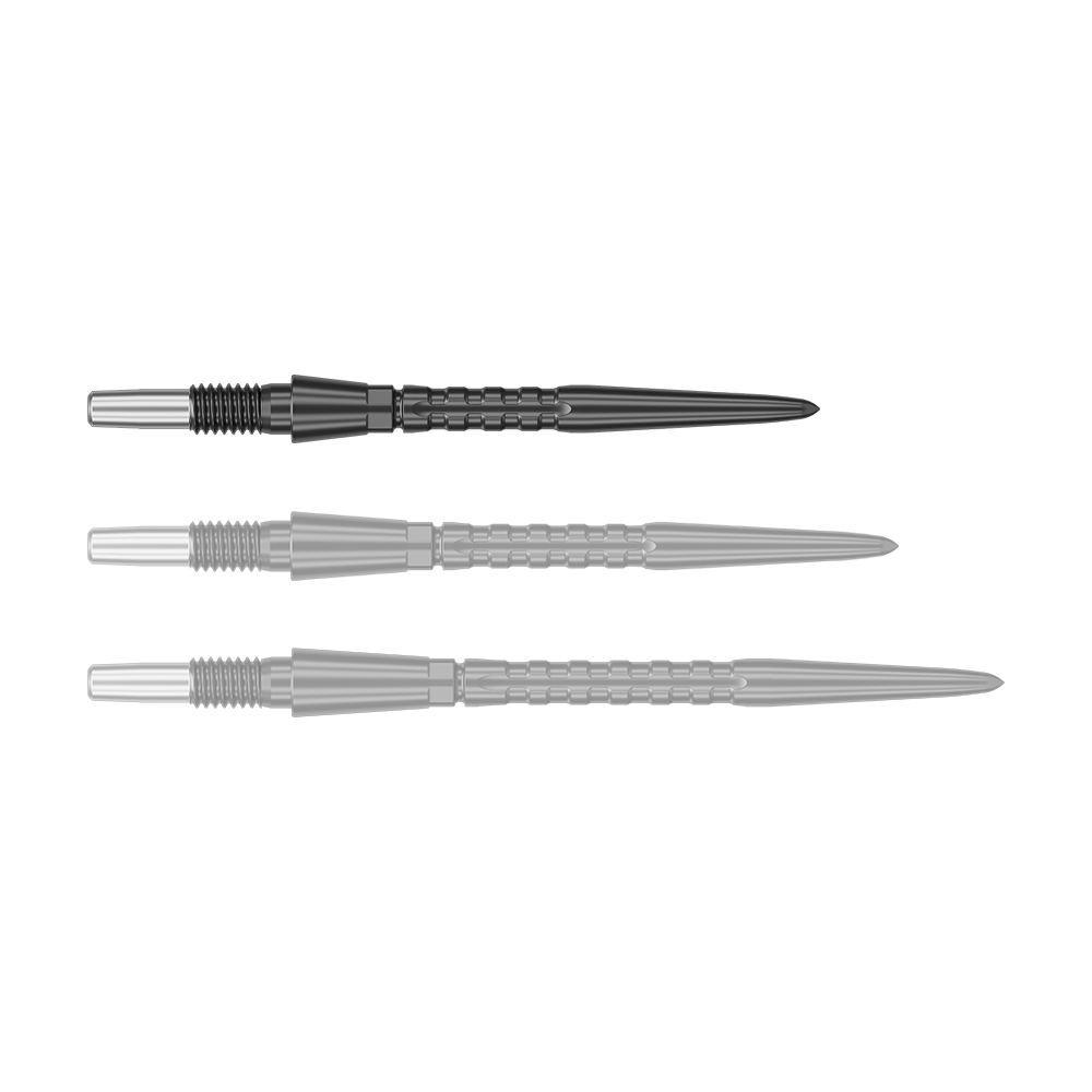 Auf dem Bild sind drei schwarze Steeldartspitzen in unterschiedlichen Ansichten zu sehen. Sie sind lang, schlank und haben ein geriffeltes Muster zur besseren Griffigkeit.