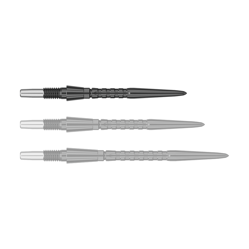 Target Swiss Point Storm Surge Steel Dart Tips - Black Auf dem Bild sind drei schwarze Steeldartspitzen in unterschiedlichen Ansichten zu sehen. Sie sind lang, schlank und haben ein geriffeltes Muster zur besseren Griffigkeit.