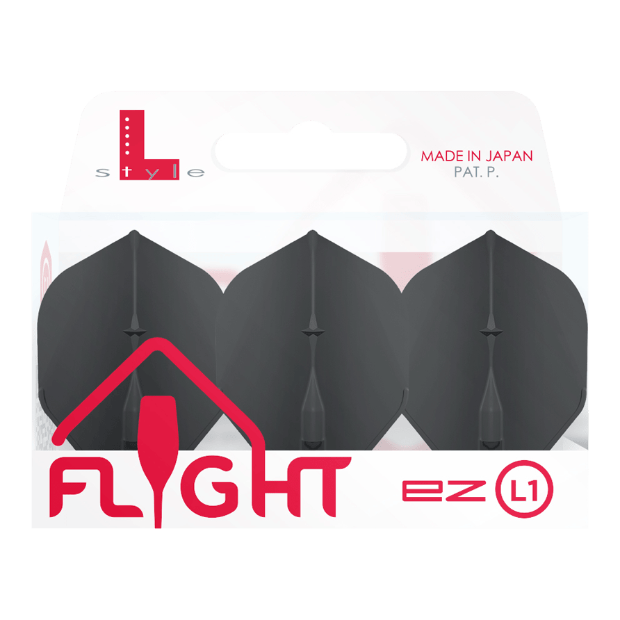 Die Abbildung zeigt eine Packung mit L-Style Champagne L1EZ Standard Flights. In der Verpackung befinden sich drei schwarze Dartflights.