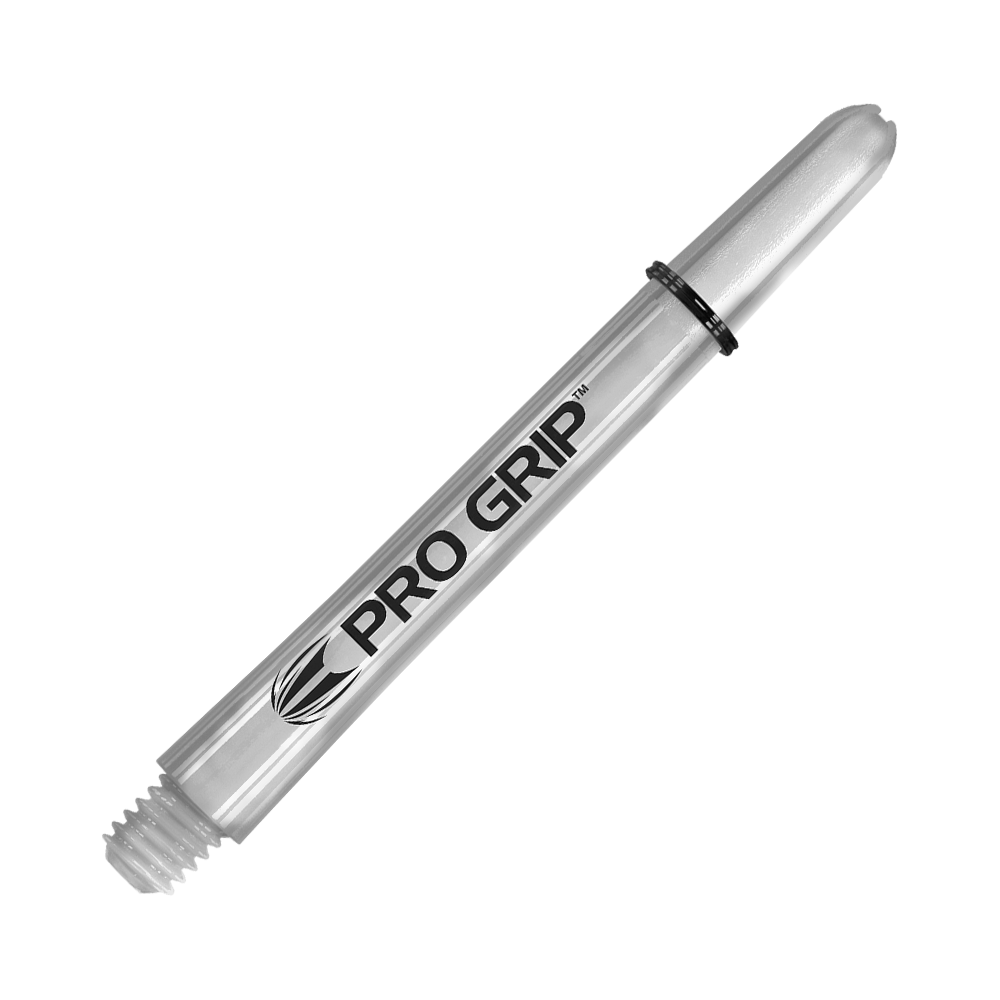 Das Bild zeigt einen transparenten "Pro Grip" Schafts für Darts. Der Schaft ist 48 mm lang und hat ein einfaches, klares Design.