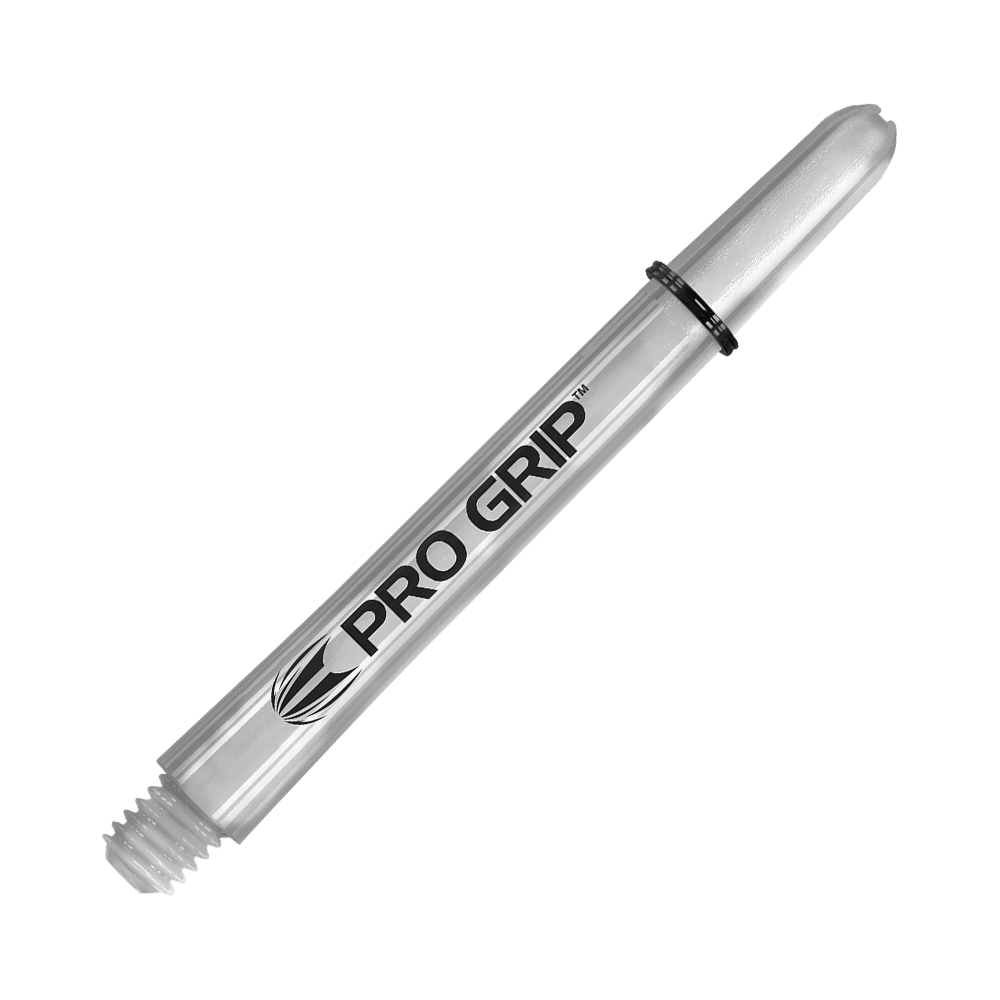 Target Pro Grip Shafts - 3 Sets - Transparent Das Bild zeigt einen transparenten "Pro Grip" Schafts für Darts. Der Schaft ist 48 mm lang und hat ein einfaches, klares Design.