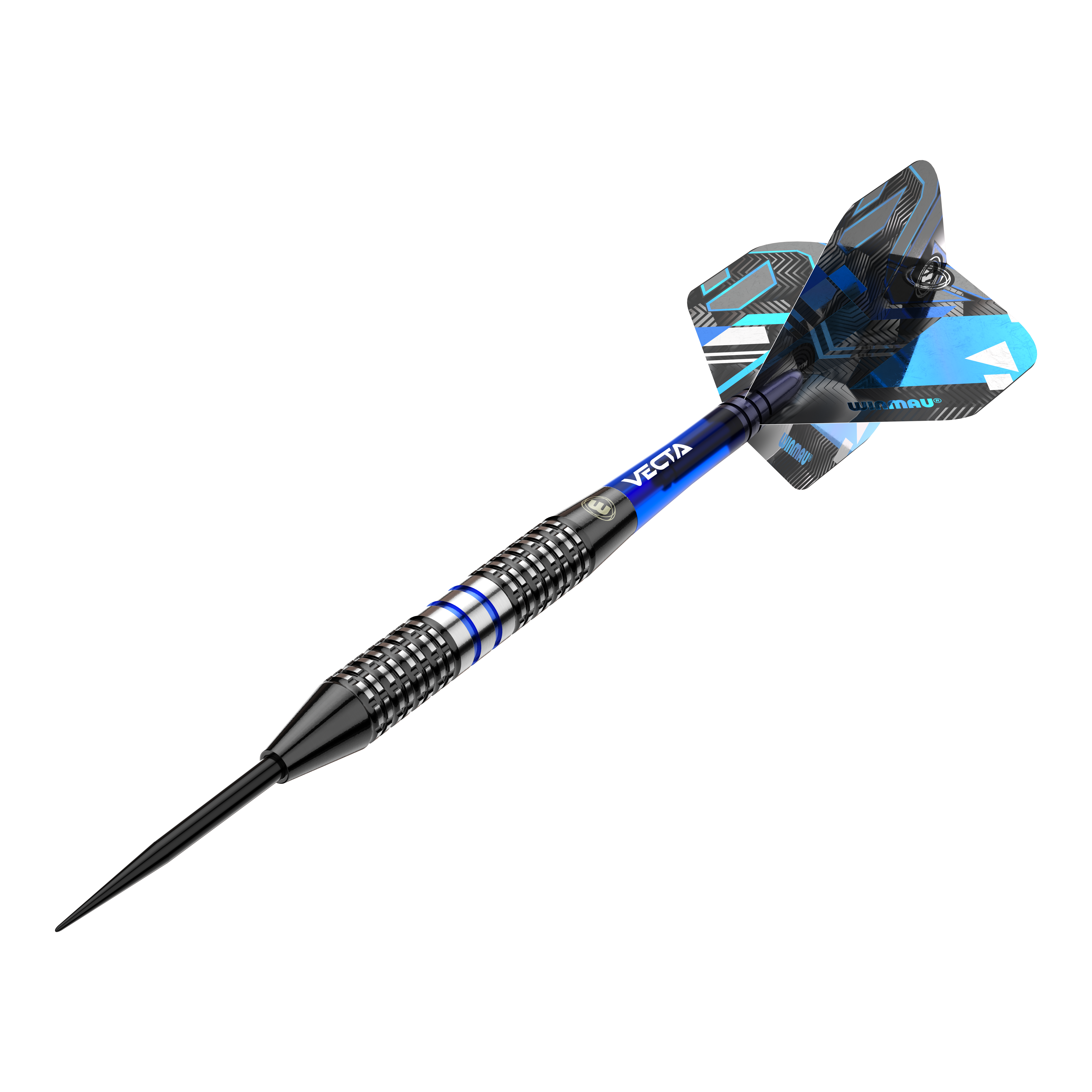 Winmau Galactics Steeldarts Das Bild zeigt einen Winmau Galactics Steeldart mit einem modernen Design. Der Dart hat blaue und silberne Akzente sowie ein auffälliges Flight-Muster.