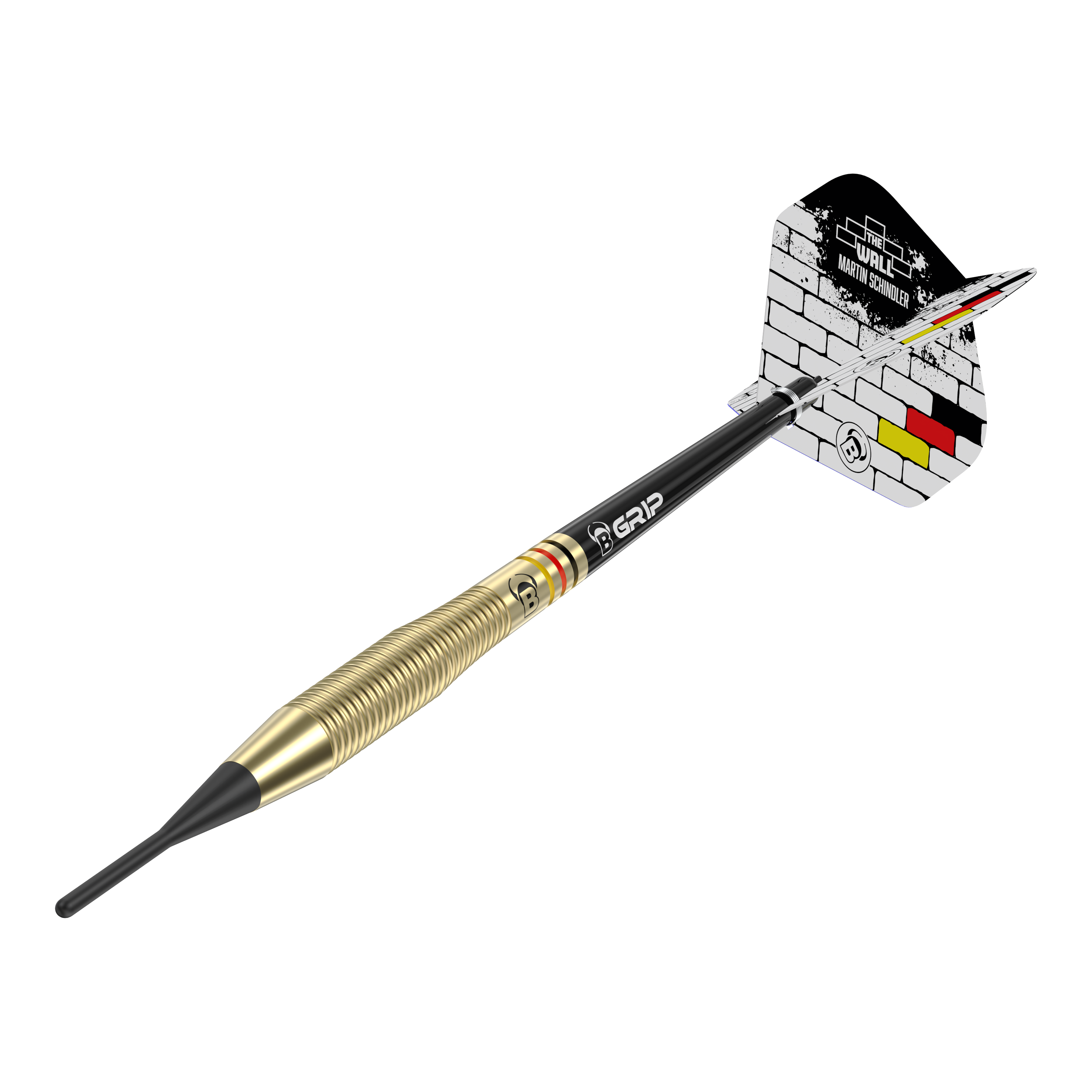 Das Bild zeigt einen Softdart namens "Bulls Martin Schindler The Wall Brass Softdarts - 18g". Der Dart hat einen messingfarbenen Schaft und eine Flight mit einem weißen Mauer-Design und schwarz-rot-gelben Streifen.