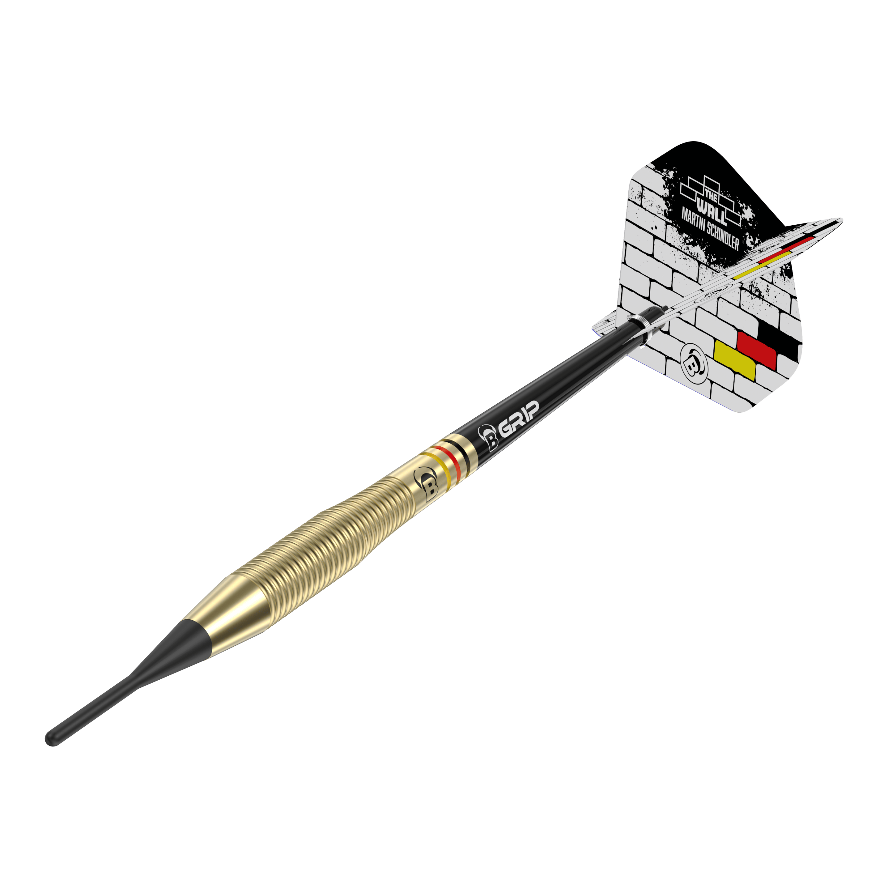 Bulls Martin Schindler The Wall Brass Softdarts - 18g Das Bild zeigt einen Softdart namens "Bulls Martin Schindler The Wall Brass Softdarts - 18g". Der Dart hat einen messingfarbenen Schaft und eine Flight mit einem weißen Mauer-Design und schwarz-rot-gelben Streifen.