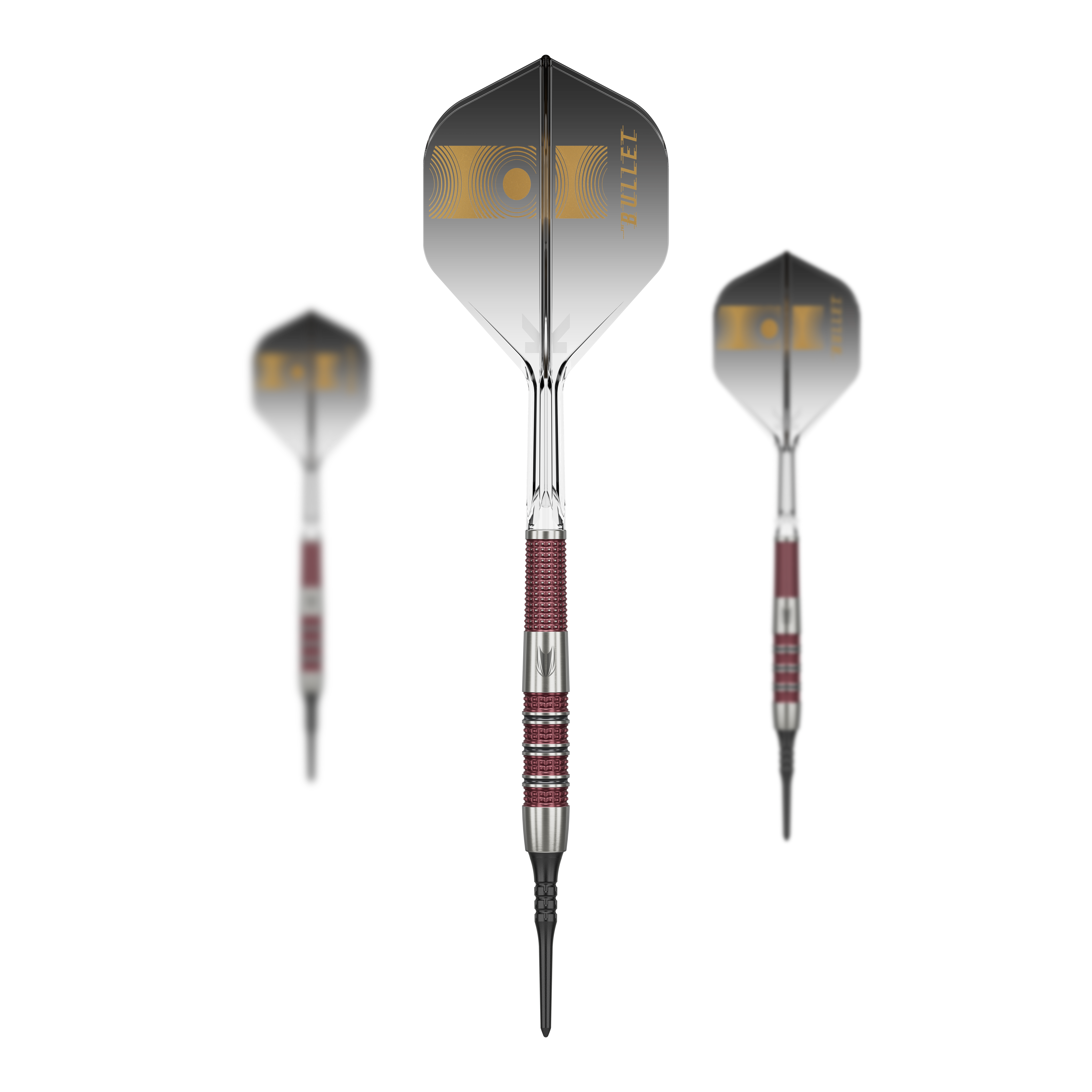 Auf dem Bild sind drei Softdarts des Modells „Target Stephen Bunting 95K“ mit einem Gewicht von 19g zu sehen. Die Darts haben schwarze Flights mit goldener Aufschrift und silber-rote Griffe.