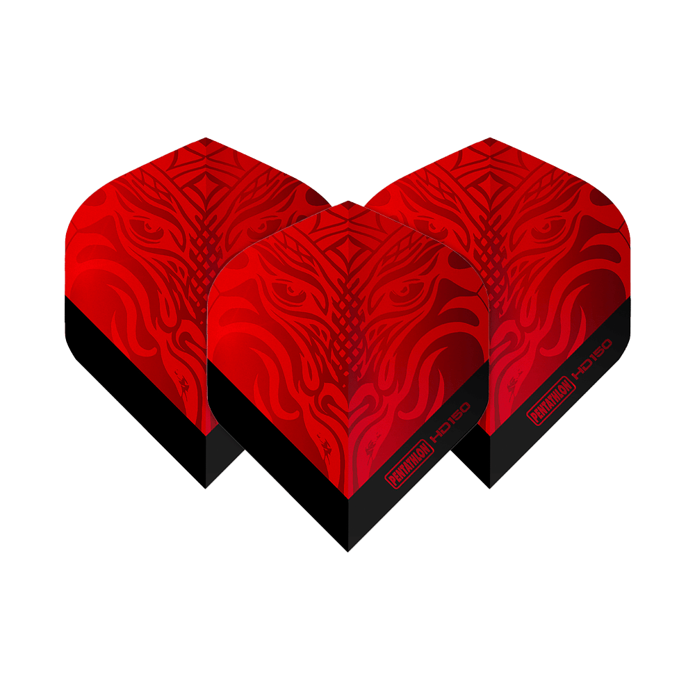 Pentathlon HD150 Metallic Red Standard Flights Das Bild zeigt drei rote Dart-Flights mit einem auffälligen, metallischen Muster. Auf den Flights steht "Pentathlon HD150" in schwarzer Schrift.