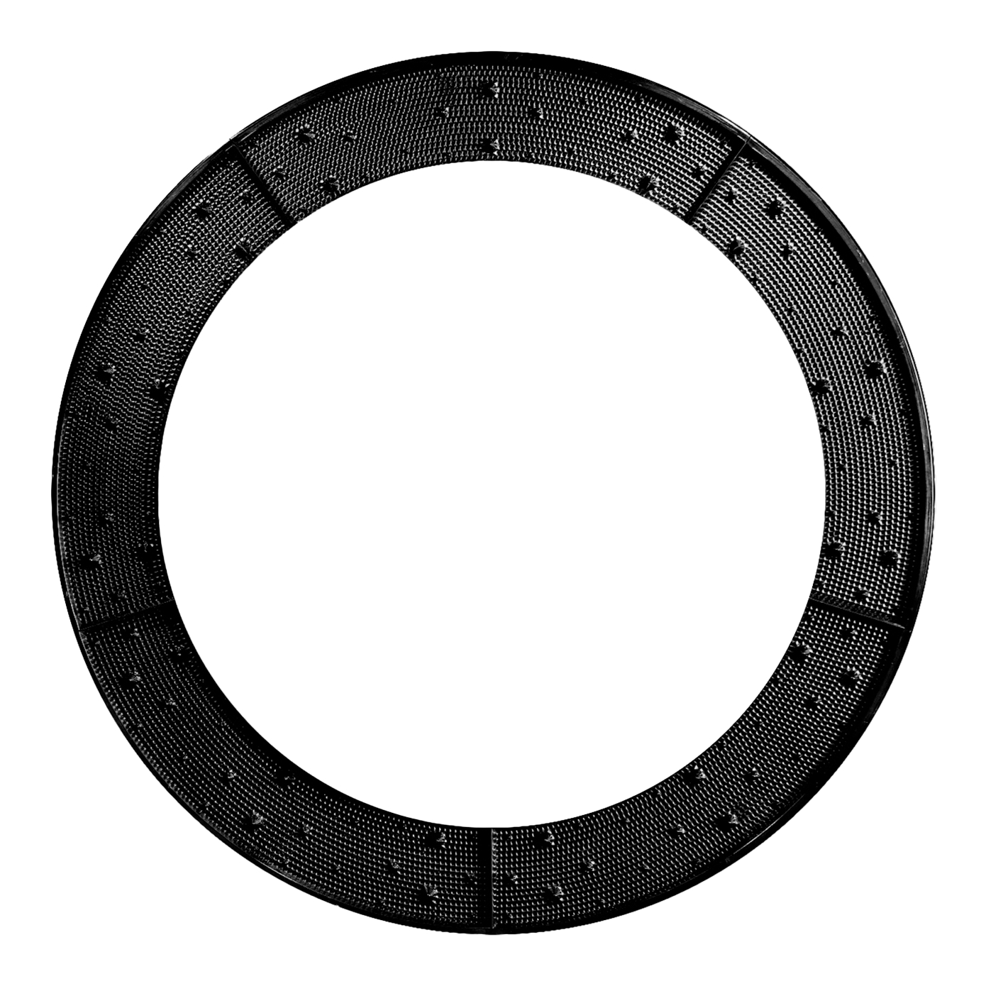 Karella E-Master spare part Das Bild zeigt einen schwarzen, ringförmigen Wurfkranz mit sichtbaren Noppen auf der Oberfläche. Der Ring ist in mehrere Segmente unterteilt.